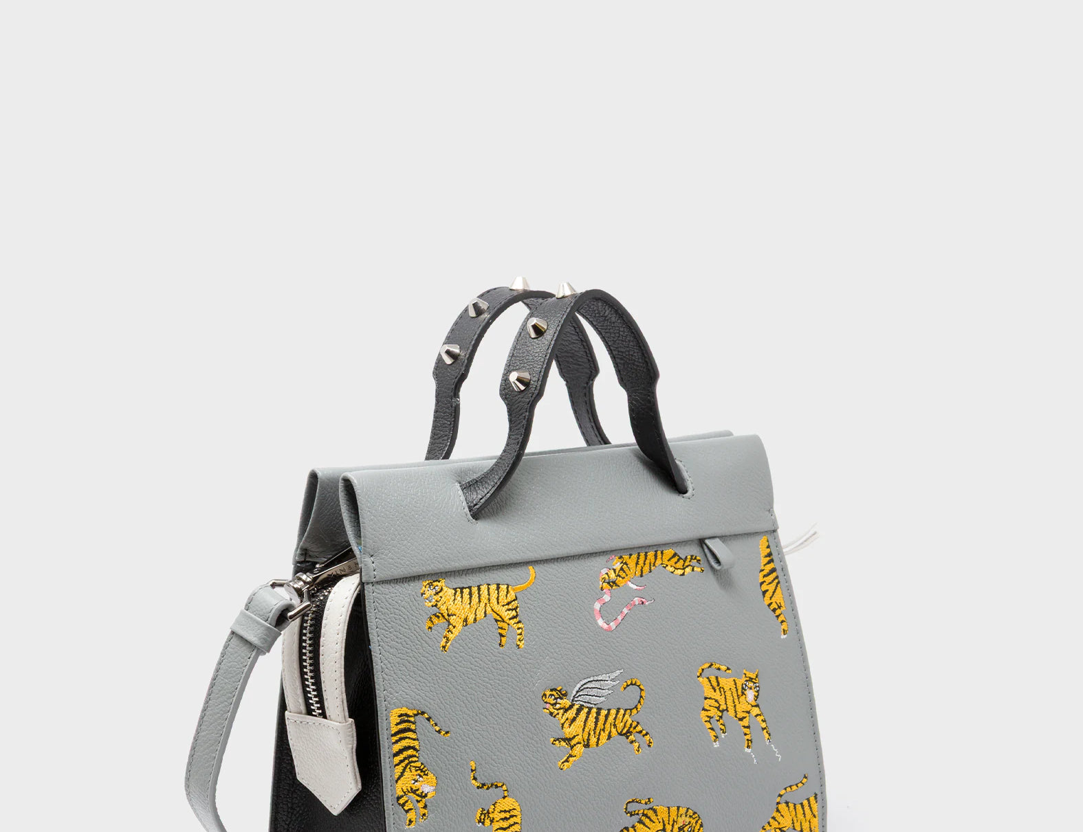Vali Crossbody Small Gray Leather Bag - Tiger Rumble Embroidery - Handles