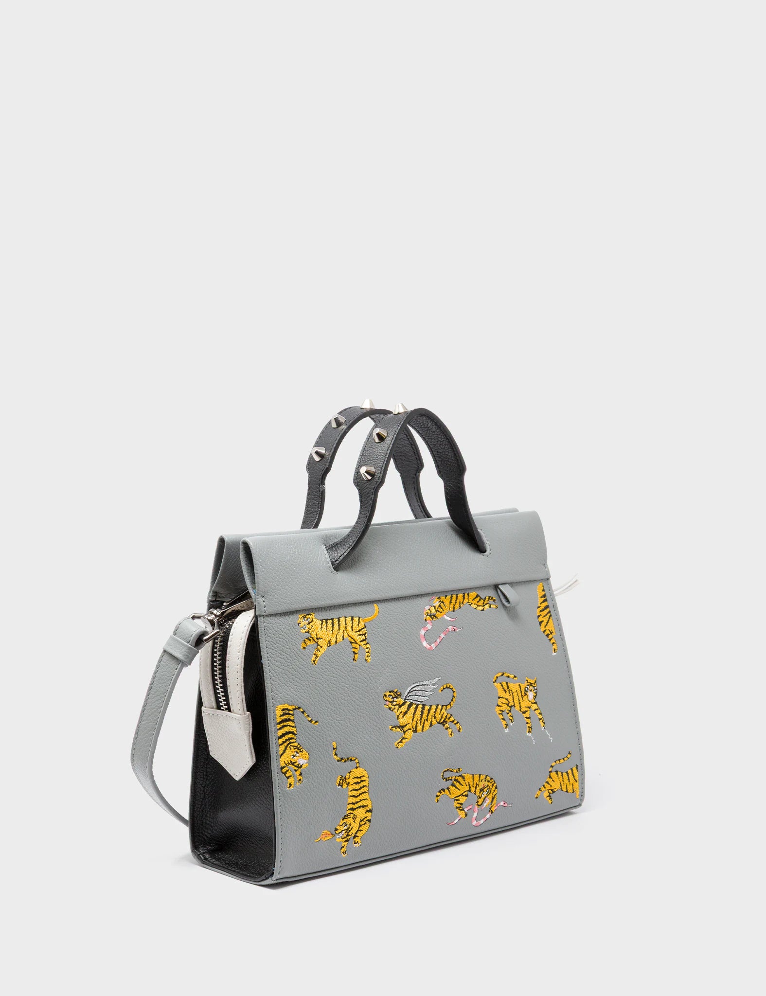 Vali Crossbody Small Gray Leather Bag - Tiger Rumble Embroidery - Handles