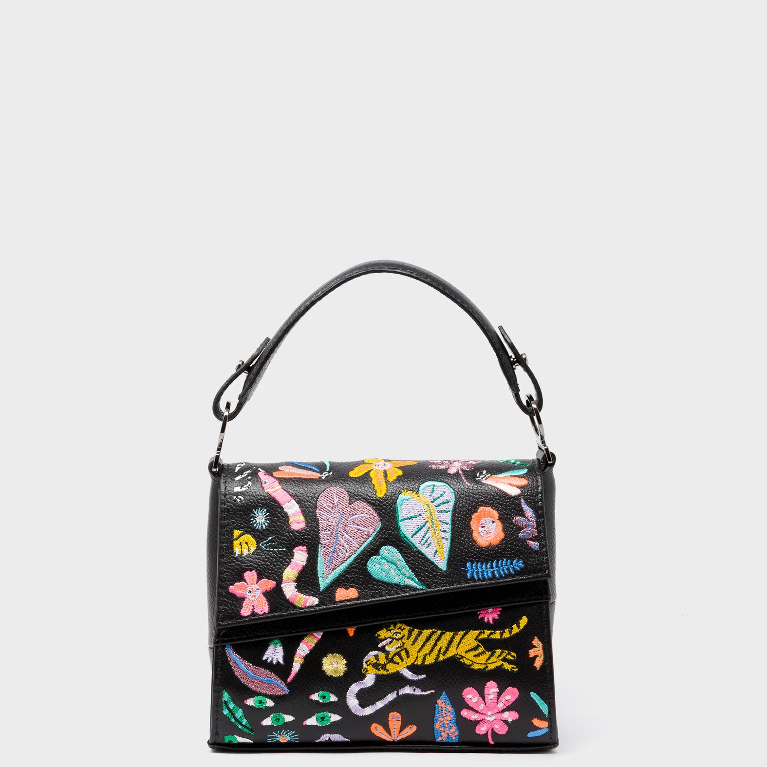 Anastasio Micro Crossbody Handbag Black Leather - Autumn Blush Embroidery - Front View