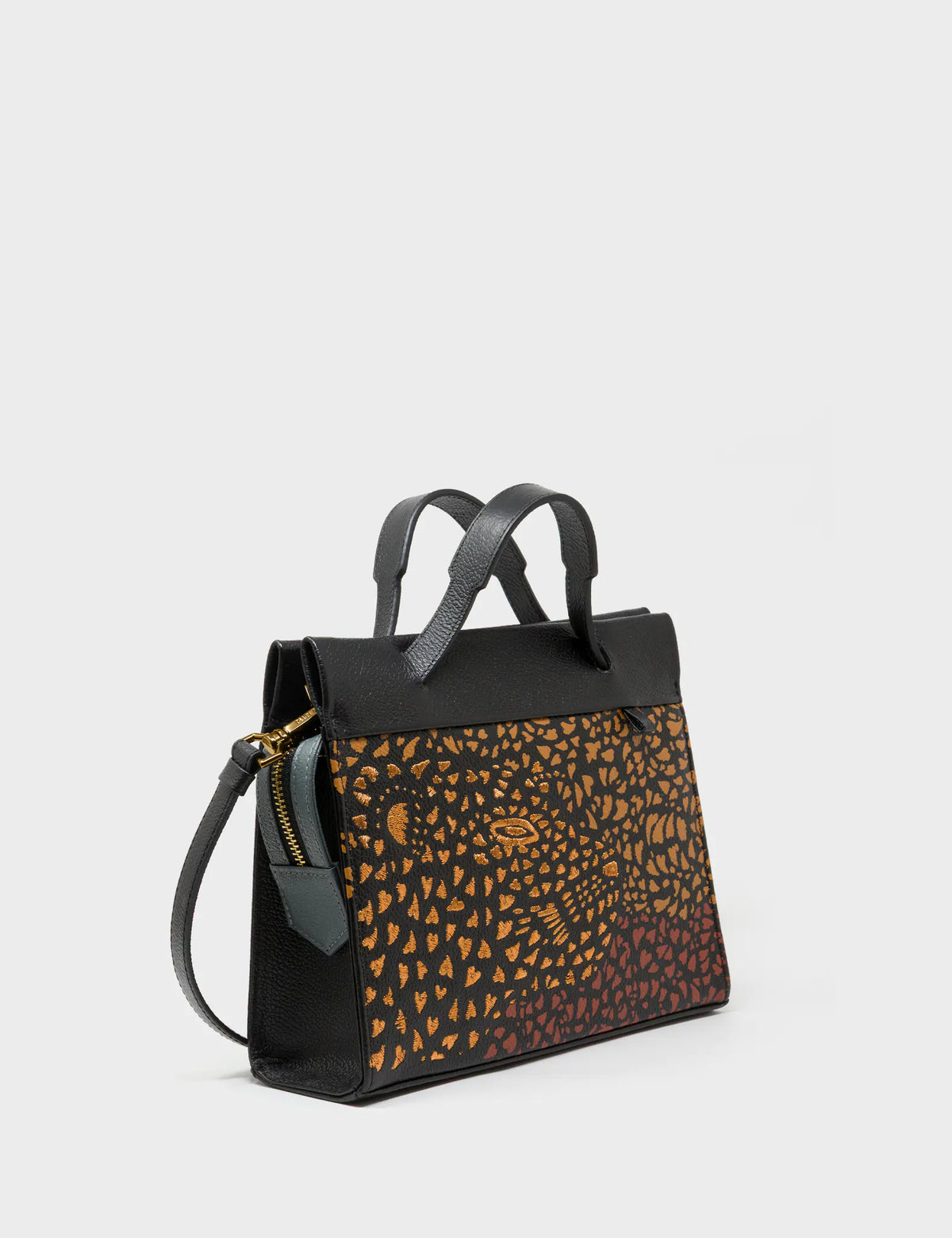 Vali Crossbody Black Leather Bag - Wild Heart Embroidery -  Side View 2