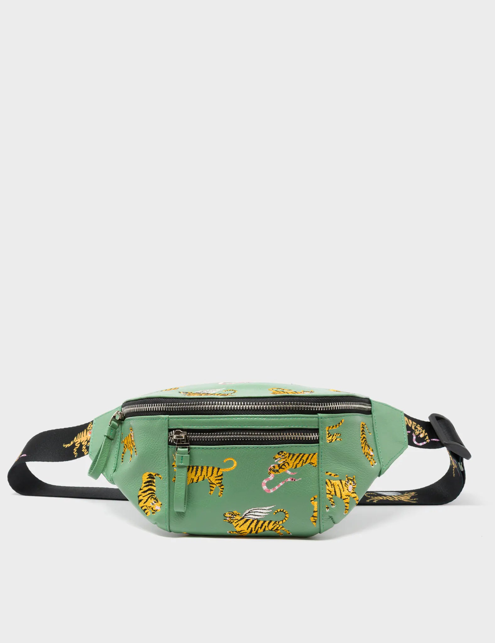 Harold Fanny Pack Basil Green Leather - Tigers Pattern - Front
