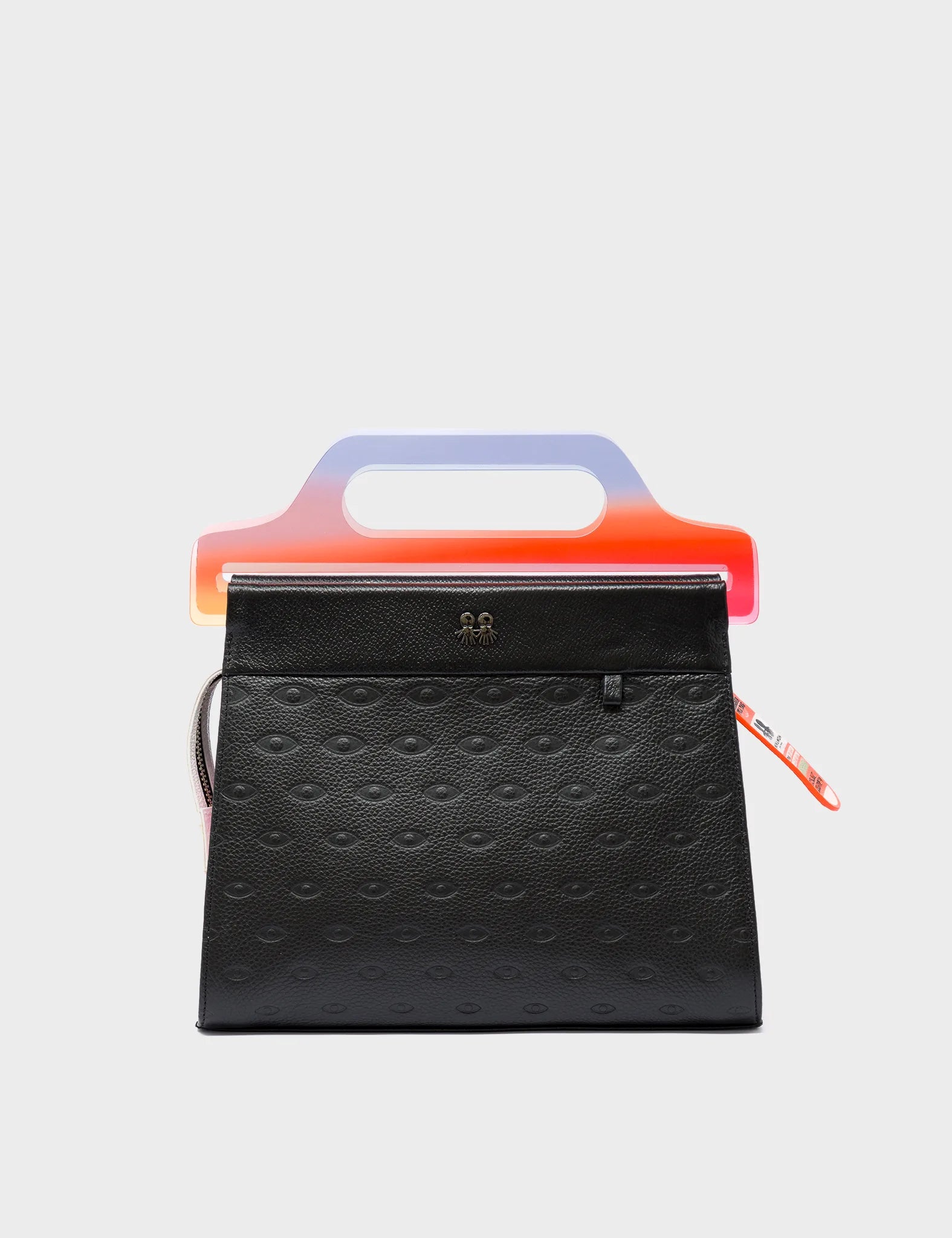 Black Leather Crossbody Handbag Plastic Handle - Groovy Rainbow Design - Front 