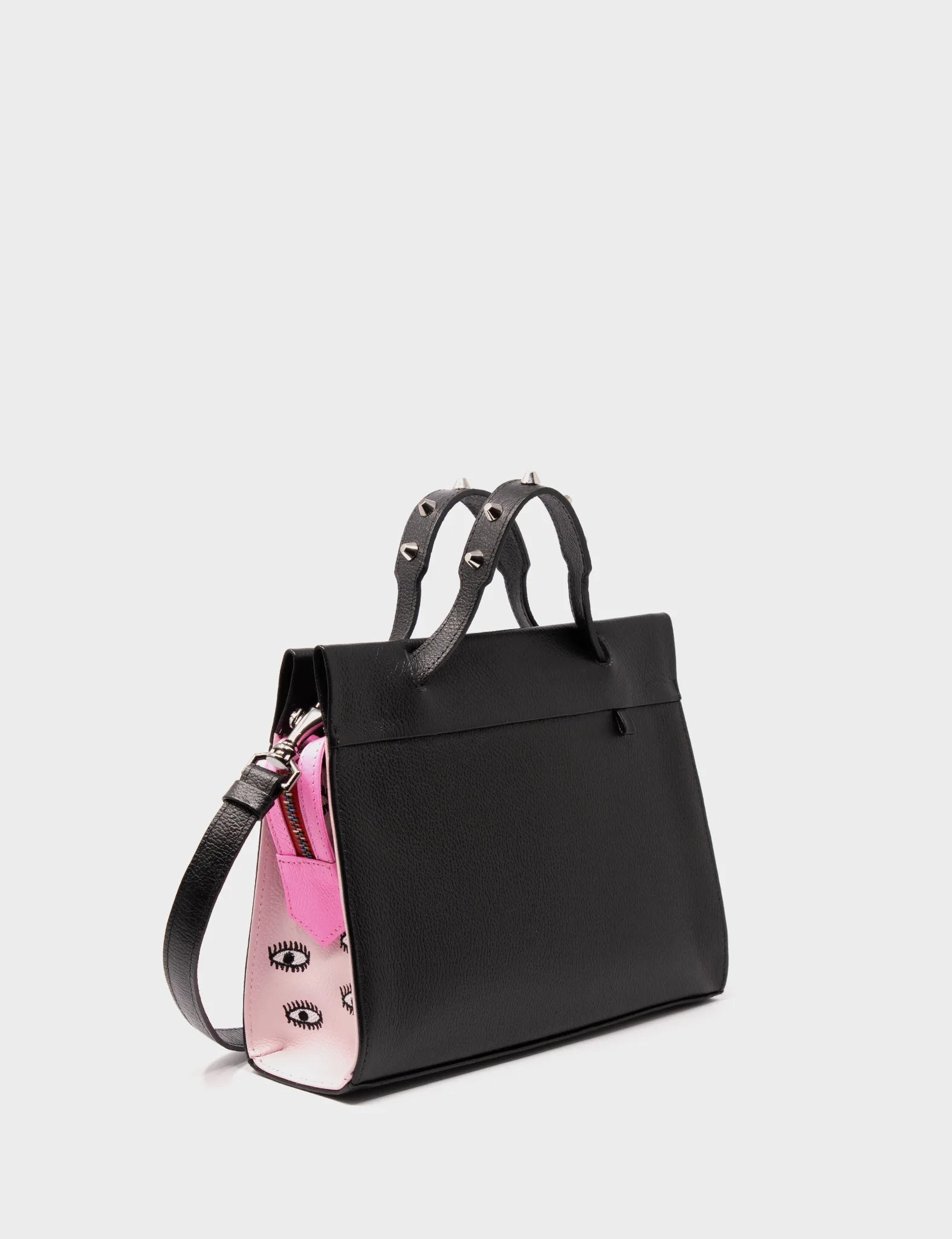 Vali Crossbody Small Parfait Pink And Black Leather Bag - All Over Eyes Embroidery - Handles View