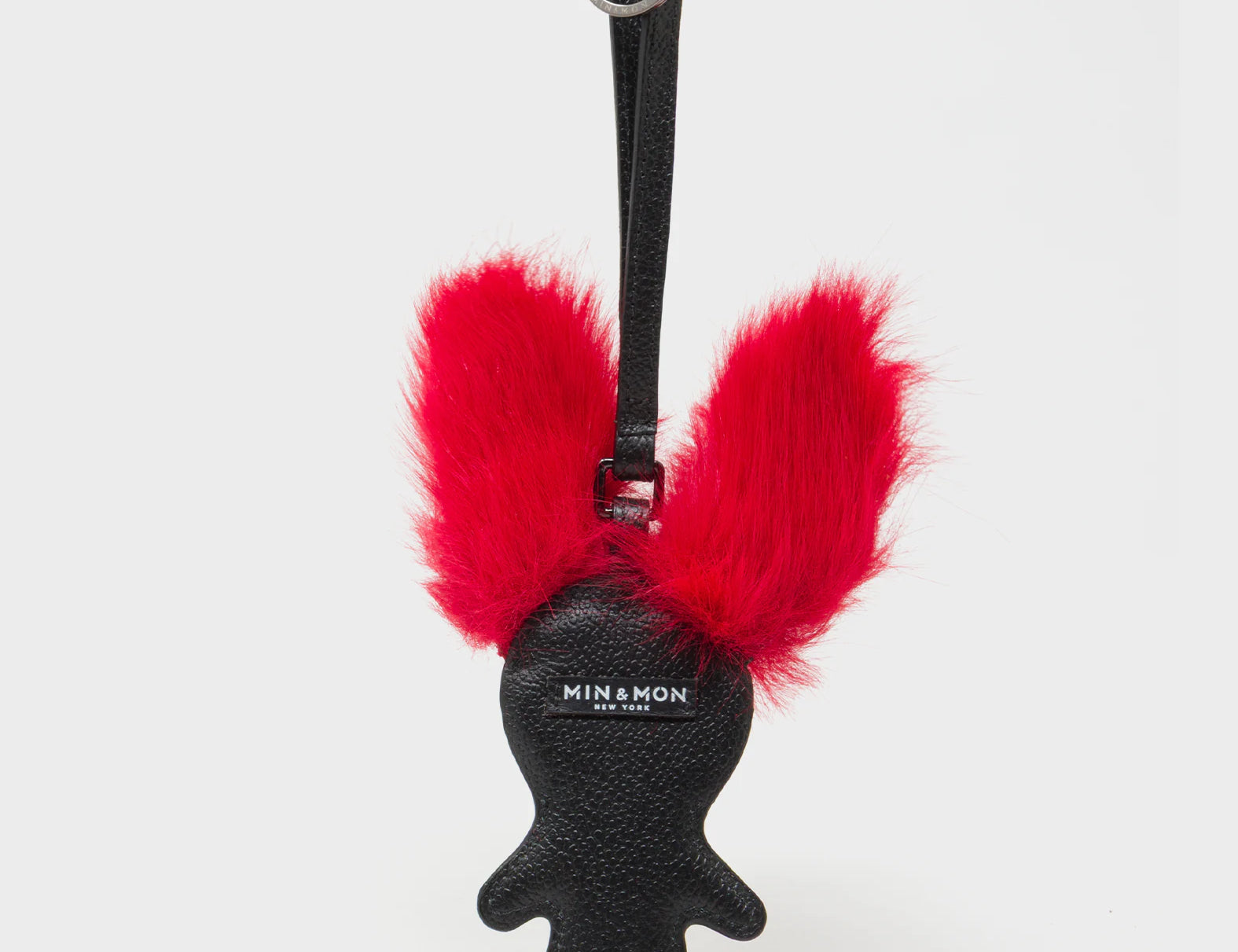 Fluffy Fella - Black and Red Leather Bag Charm - Back View