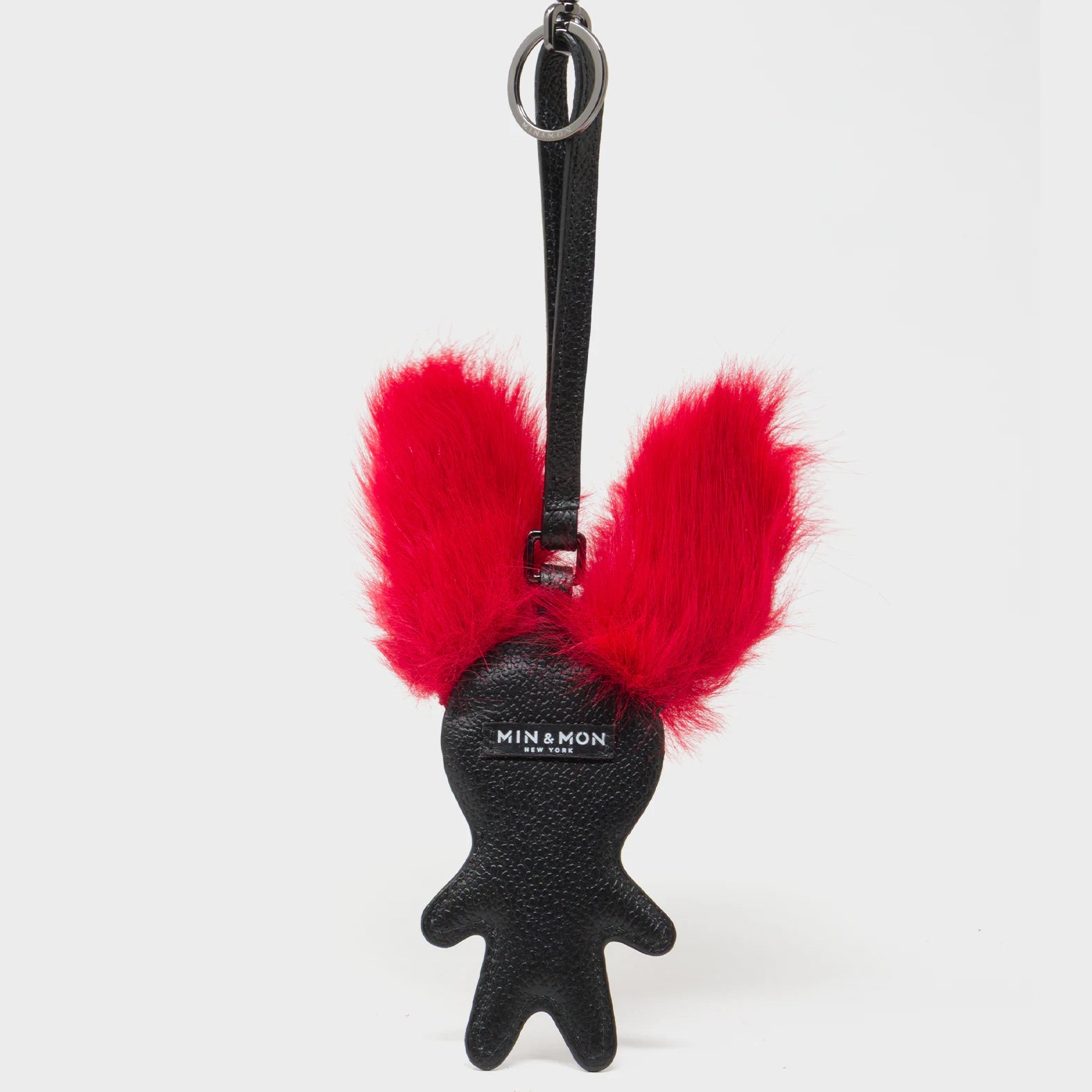 Fluffy Fella - Black and Red Leather Bag Charm - Back View