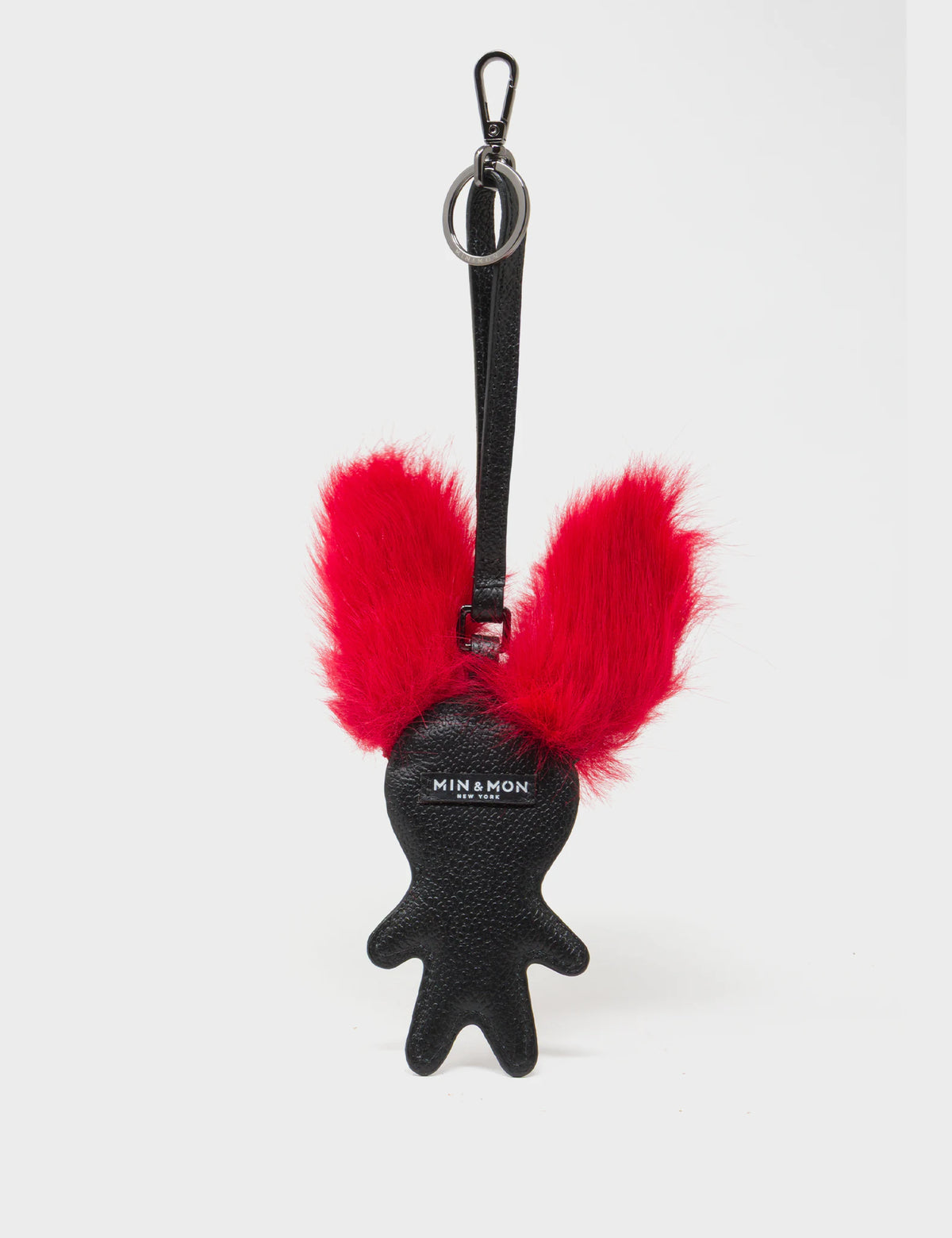 Fluffy Fella - Black and Red Leather Bag Charm - Back View