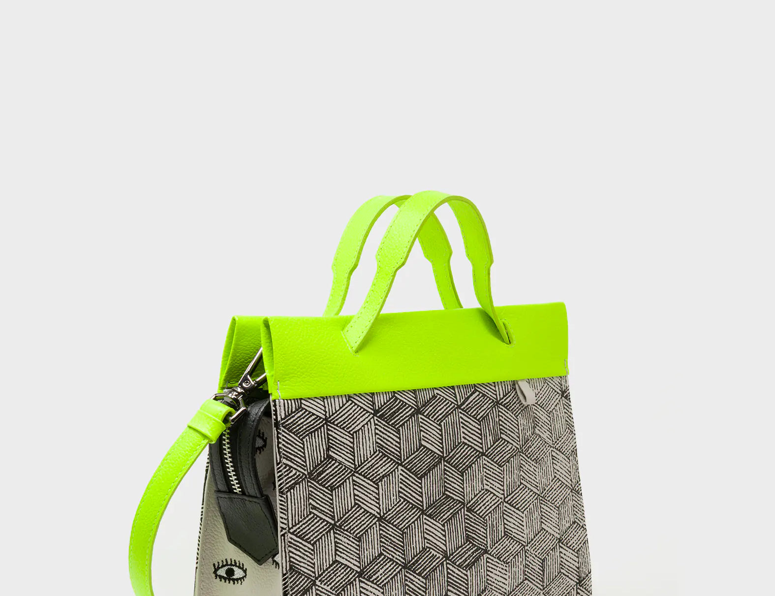 Vali Small Crossbody Cream and Neon Green Leather Bag - Cubes Print - Handles View