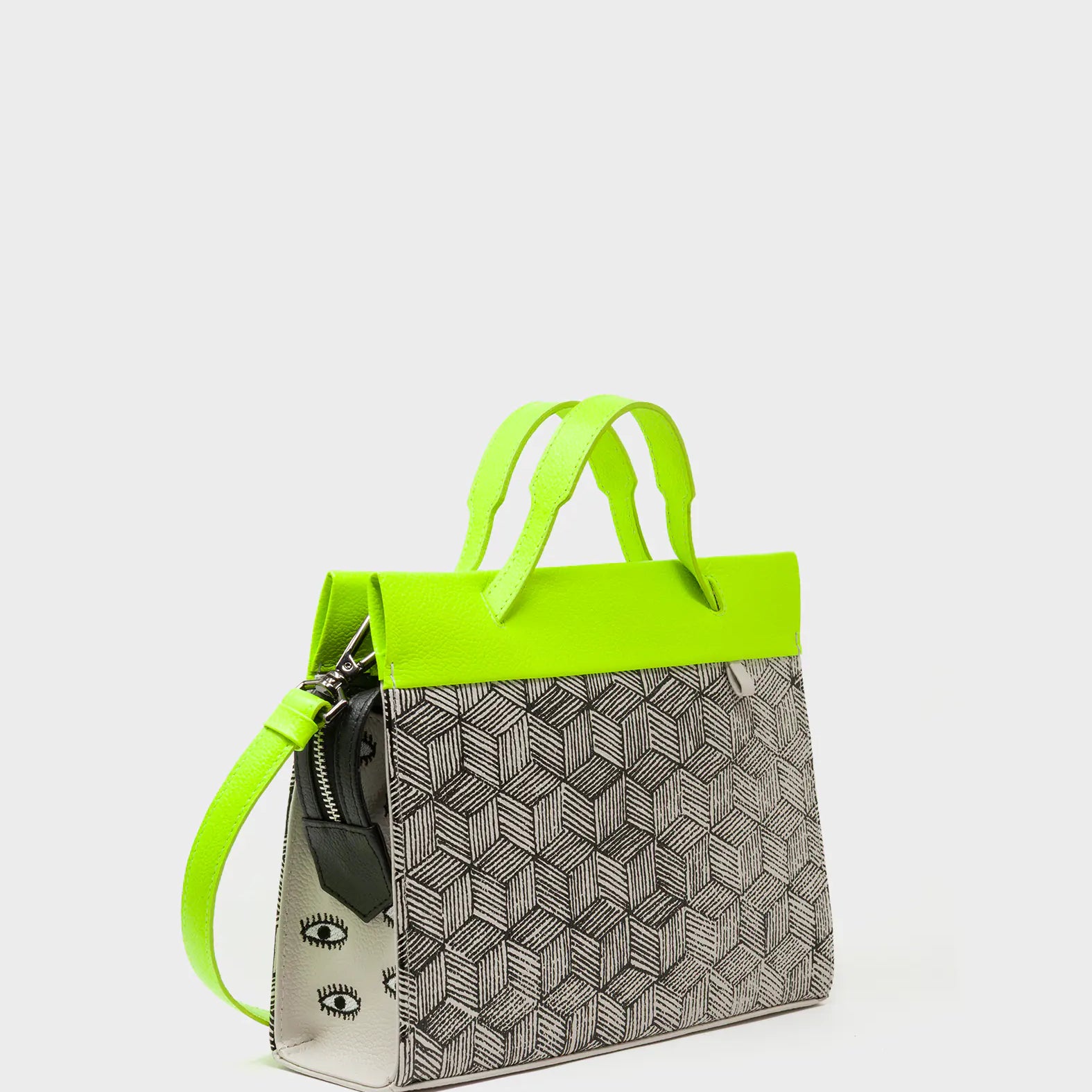 Vali Small Crossbody Cream and Neon Green Leather Bag - Cubes Print - Handles View