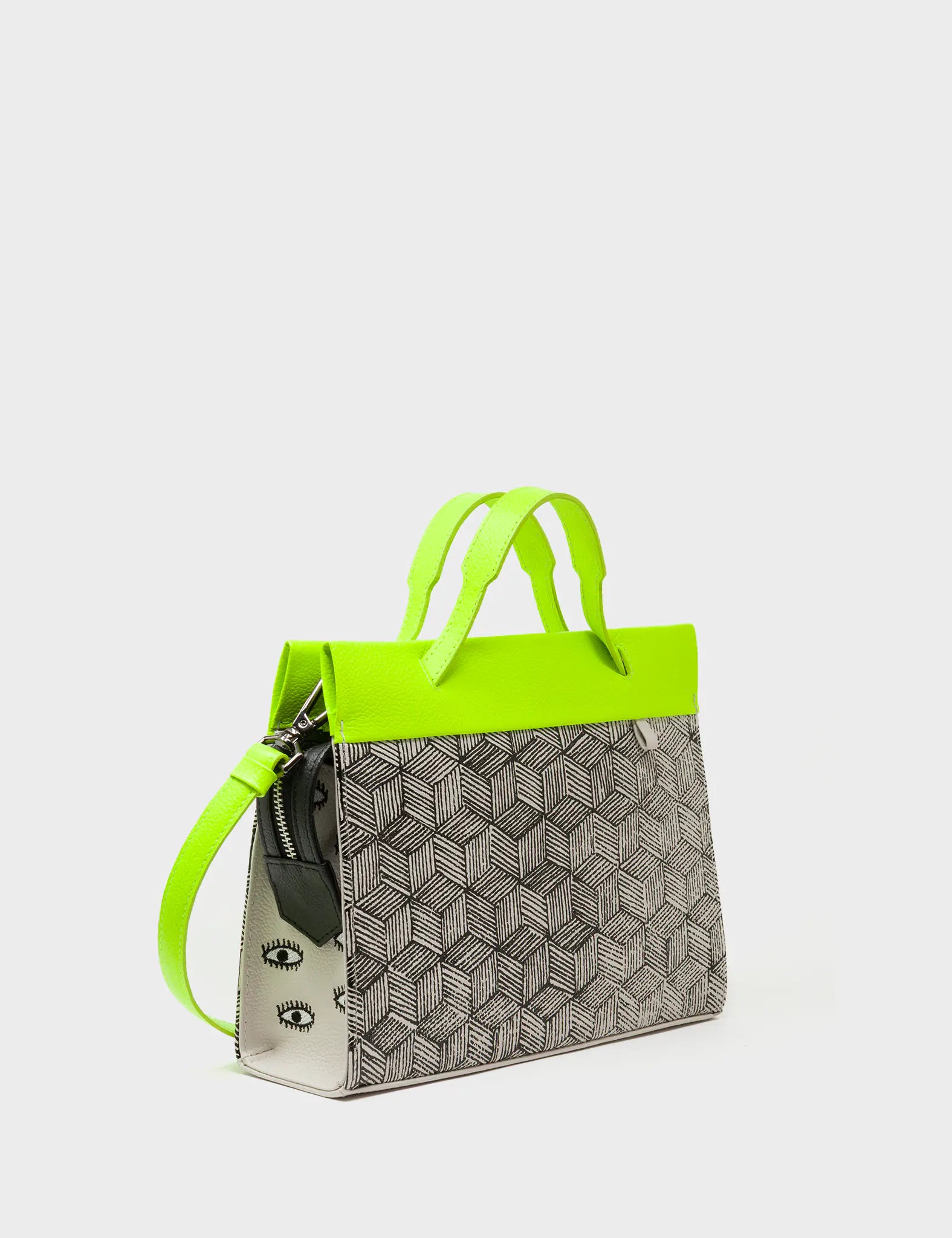 Vali Small Crossbody Cream and Neon Green Leather Bag - Cubes Print - Handles View