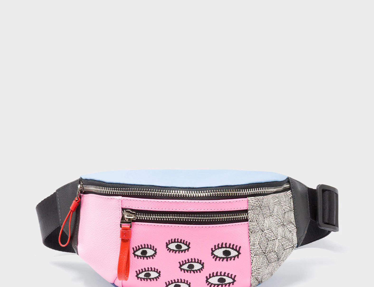 Harold Fanny Pack Cerulean Blue Leather - All Over Eyes Embroidery - Front