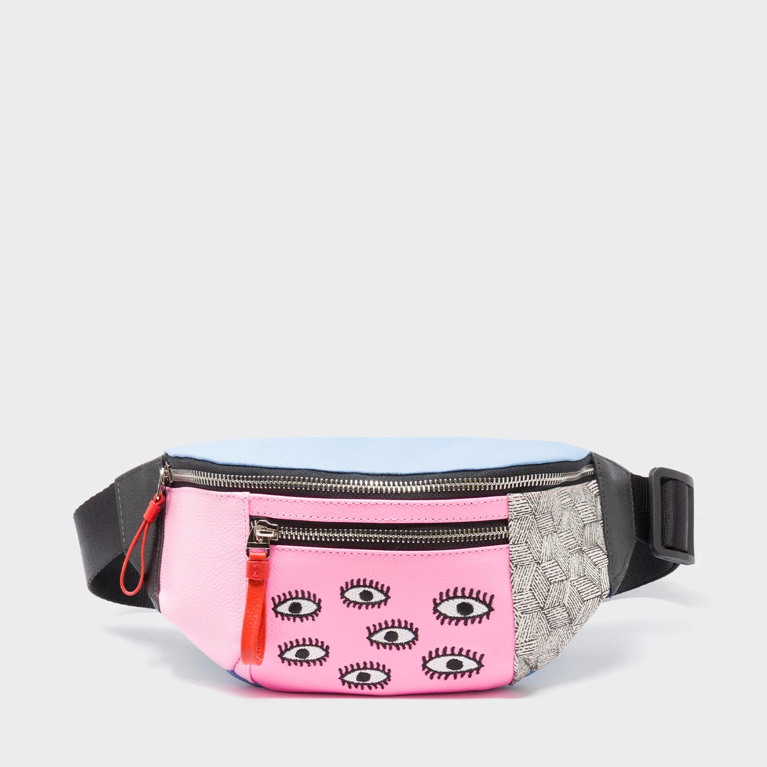 Harold Fanny Pack Cerulean Blue Leather - All Over Eyes Embroidery - Front