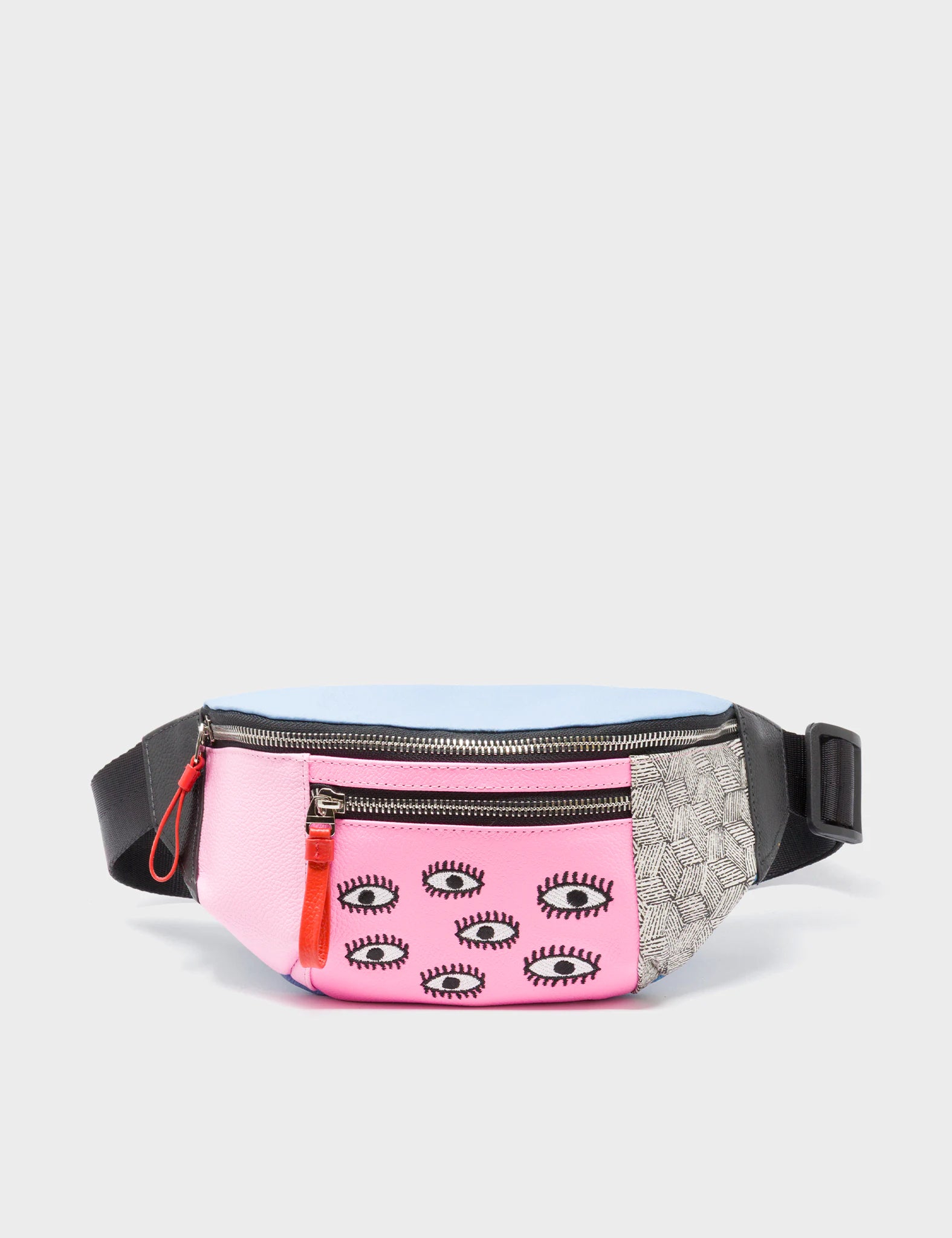 Harold Fanny Pack Cerulean Blue Leather - All Over Eyes Embroidery - Front