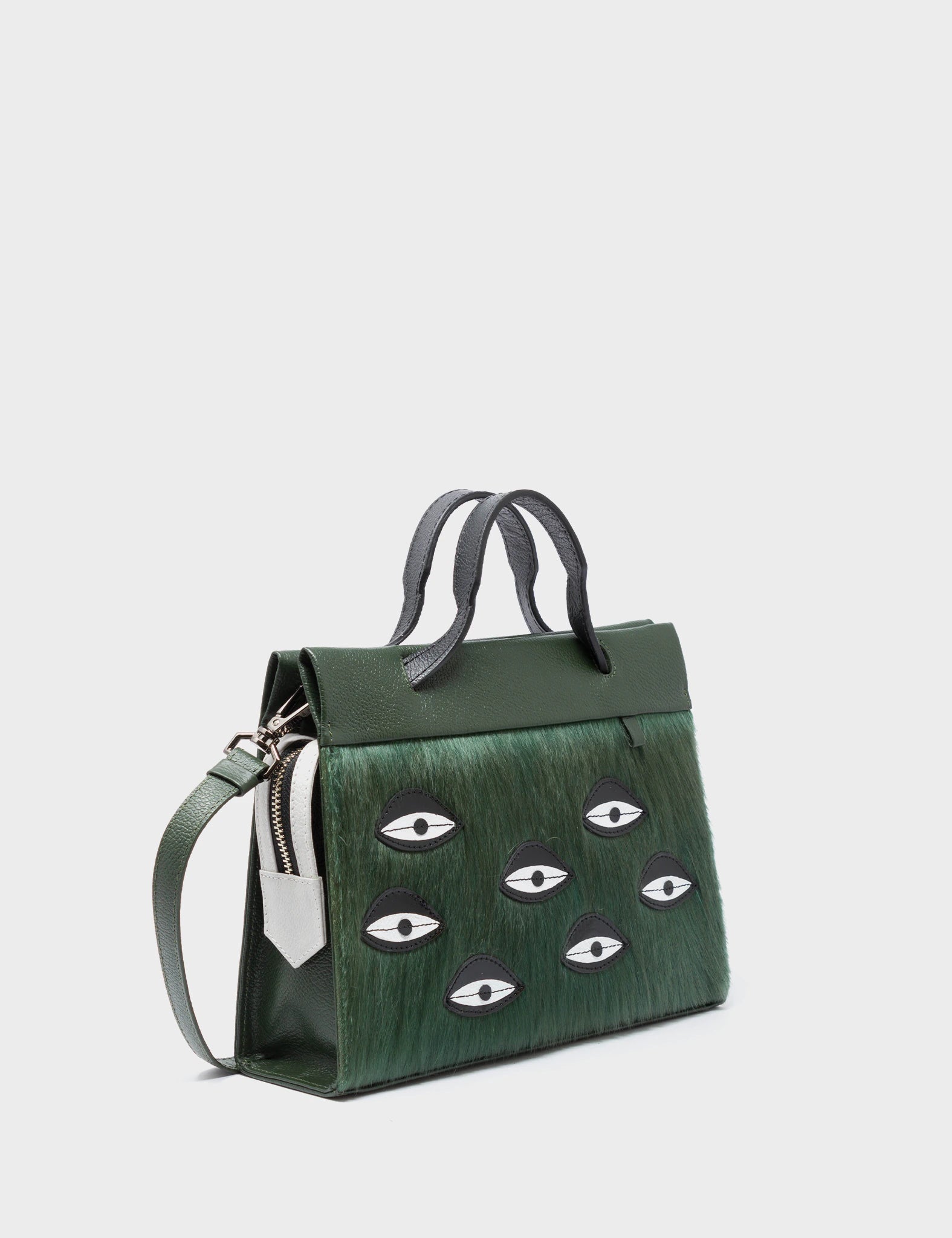 Vali Crossbody Small Green And Black Leather Bag - Eyes Applique Adjustable Handle - Handles View