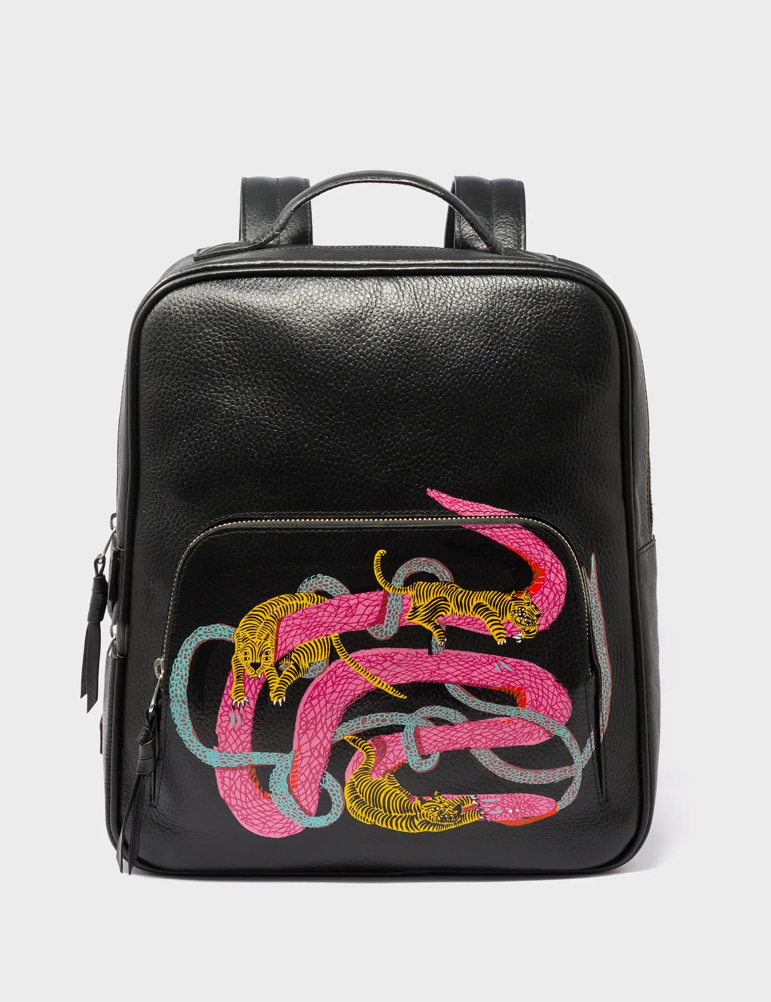 Black Leather Backpack Medium - Tiger and Snake Print - Front