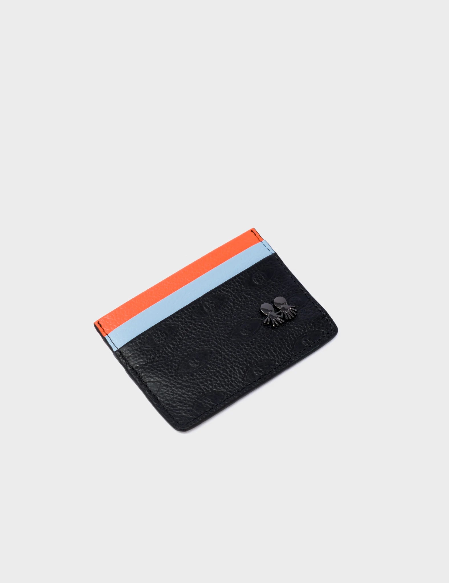 Filium Wallet Black And Neon Orange Leather Cardholder - Eyes Pattern Debossed - Side