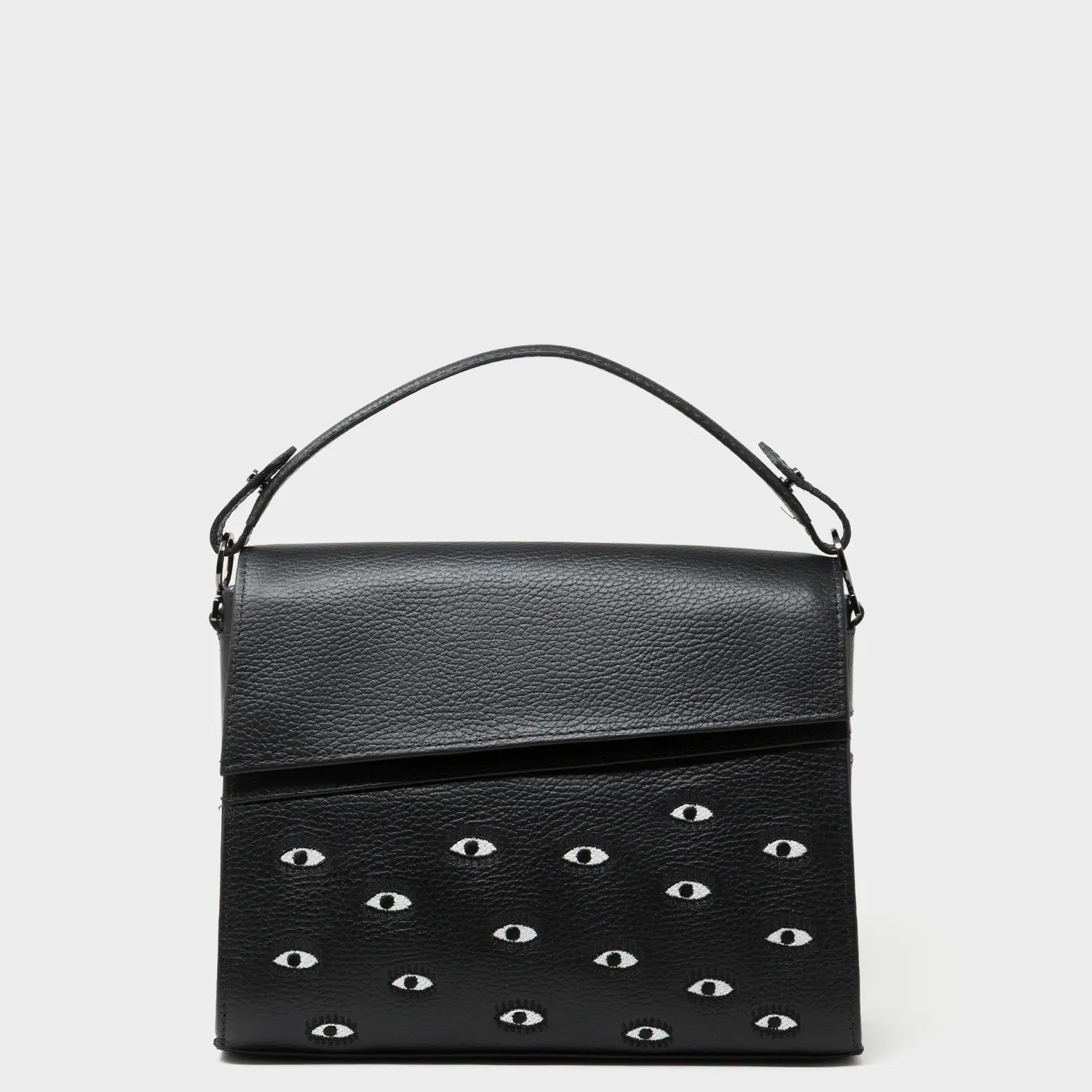 Anastasio Medium Crossbody Handbag Black Leather - All Over Eyes Embroidery - Front View