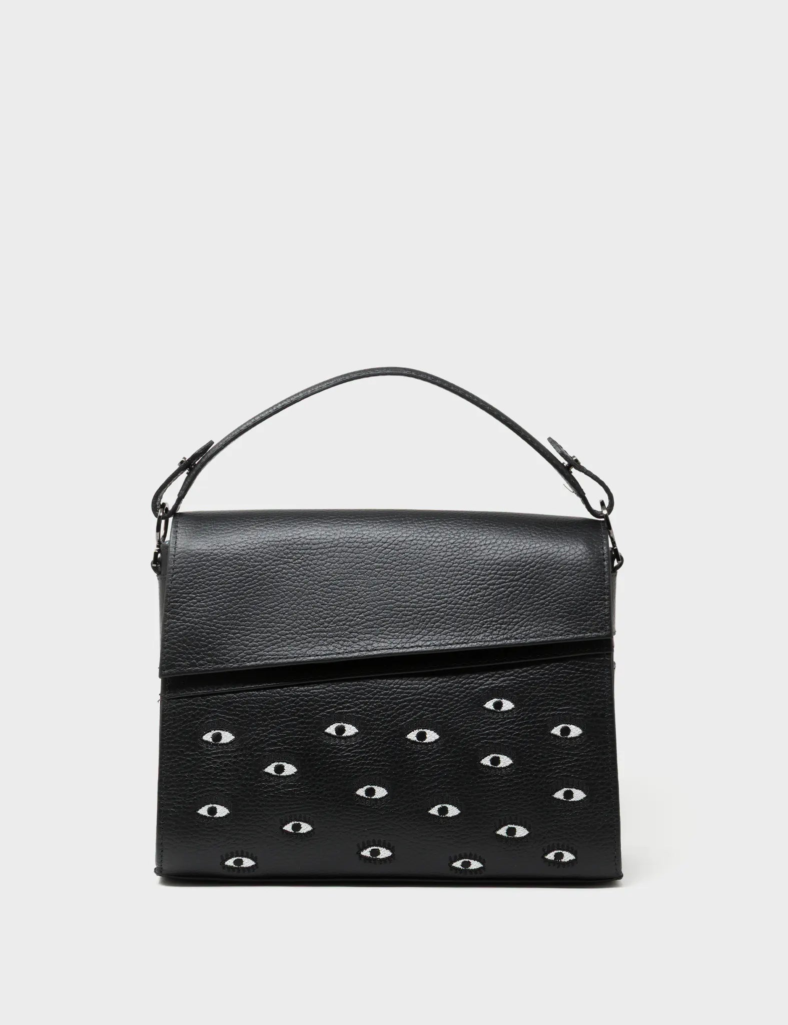 Anastasio Medium Crossbody Handbag Black Leather - All Over Eyes Embroidery - Front View