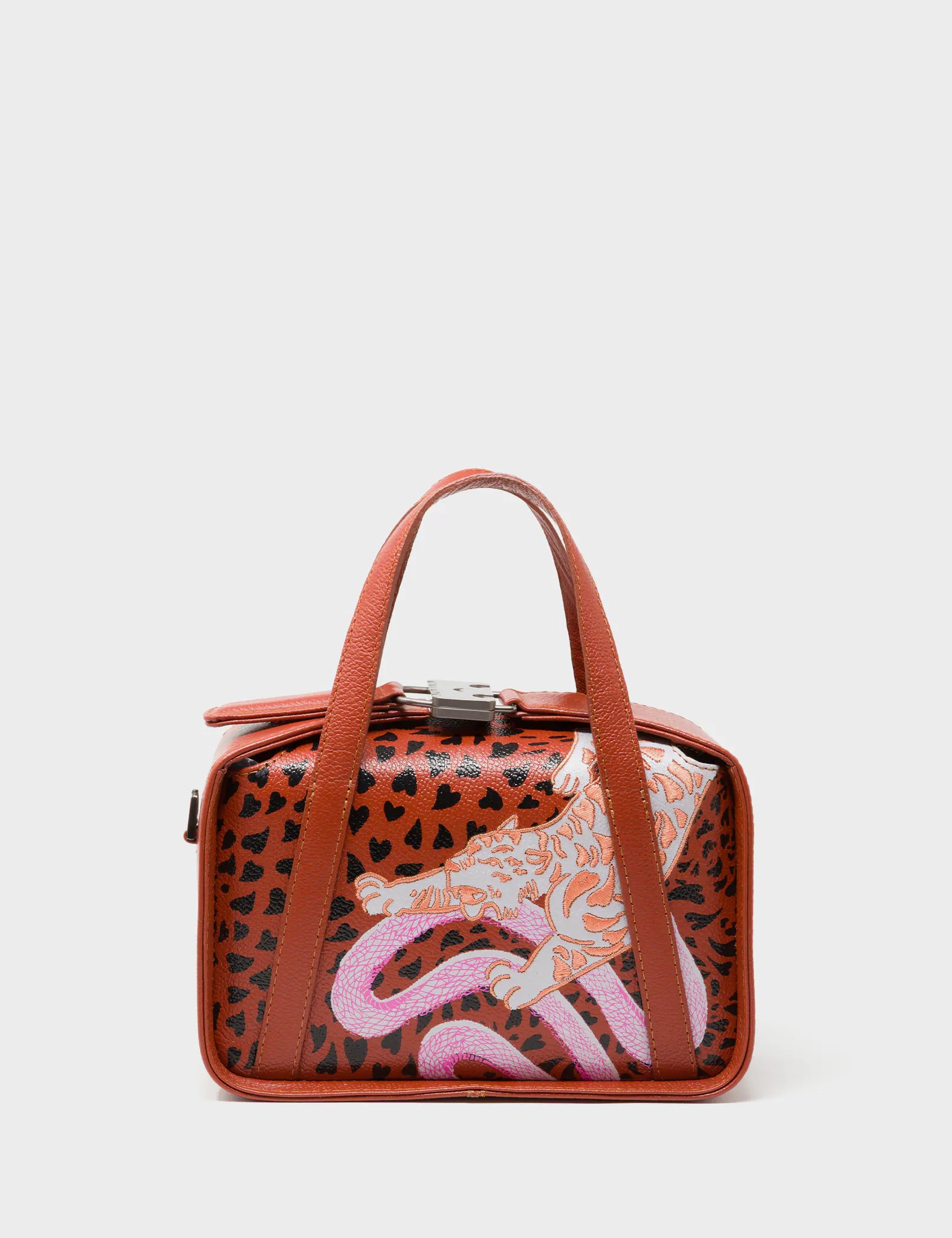 Benji Small Crossbody Baked City Brown Leather Bag -  Retro Tiger Design - Front View