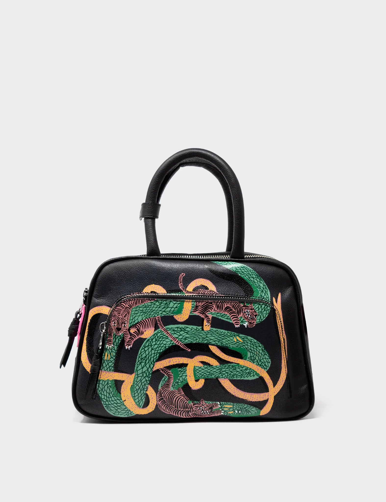 Marino Medium Crossbody Black Leather Bag - Tiger And Snake Print - Front view 
