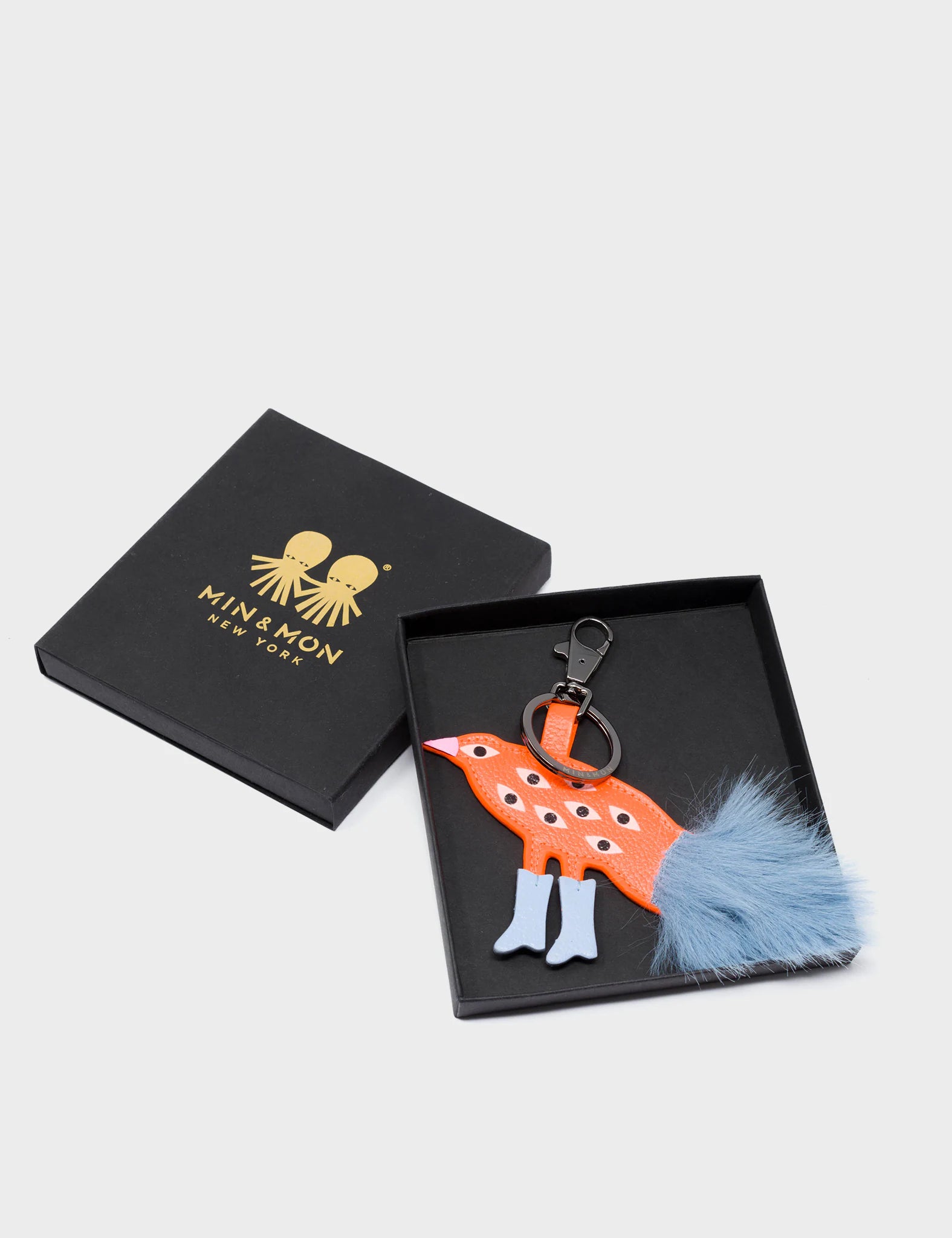 Bird In Boots Charm - Orange Leather Keychain - Packaging View