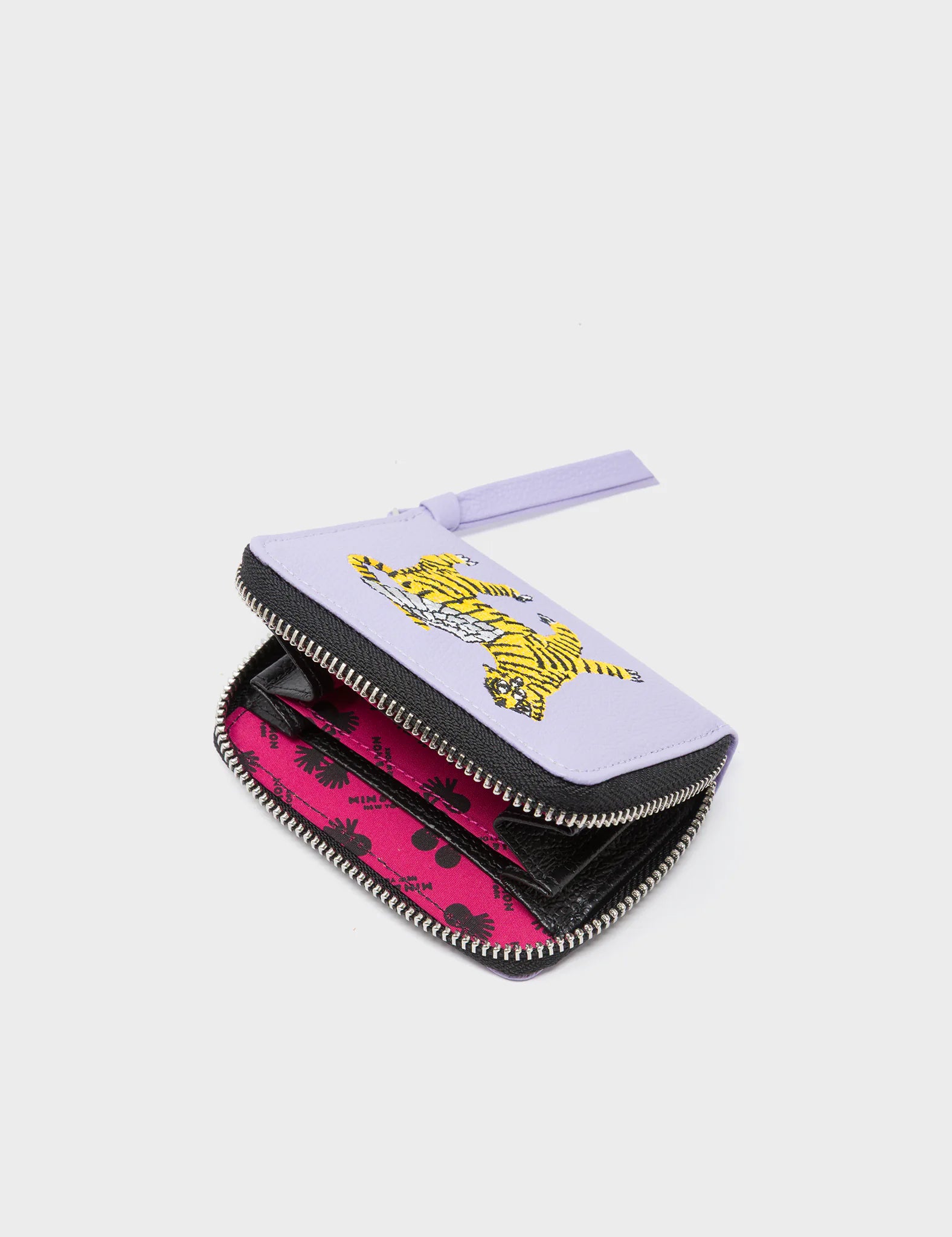 Frodo Lavender Leather Zip Around Wallet - Winged Tiger Embroidery - open