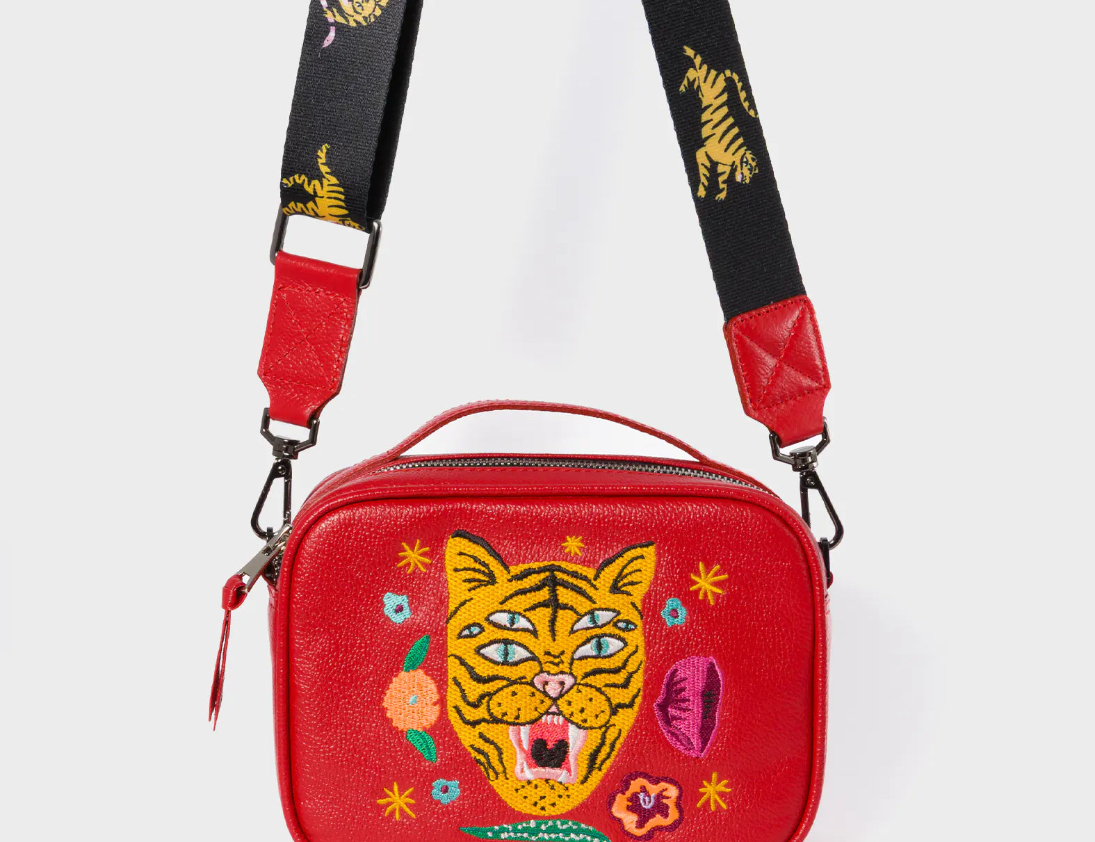 Verto Jester Red Leather Crossbody Bag - Happy Tiger Embroidery - Strap View