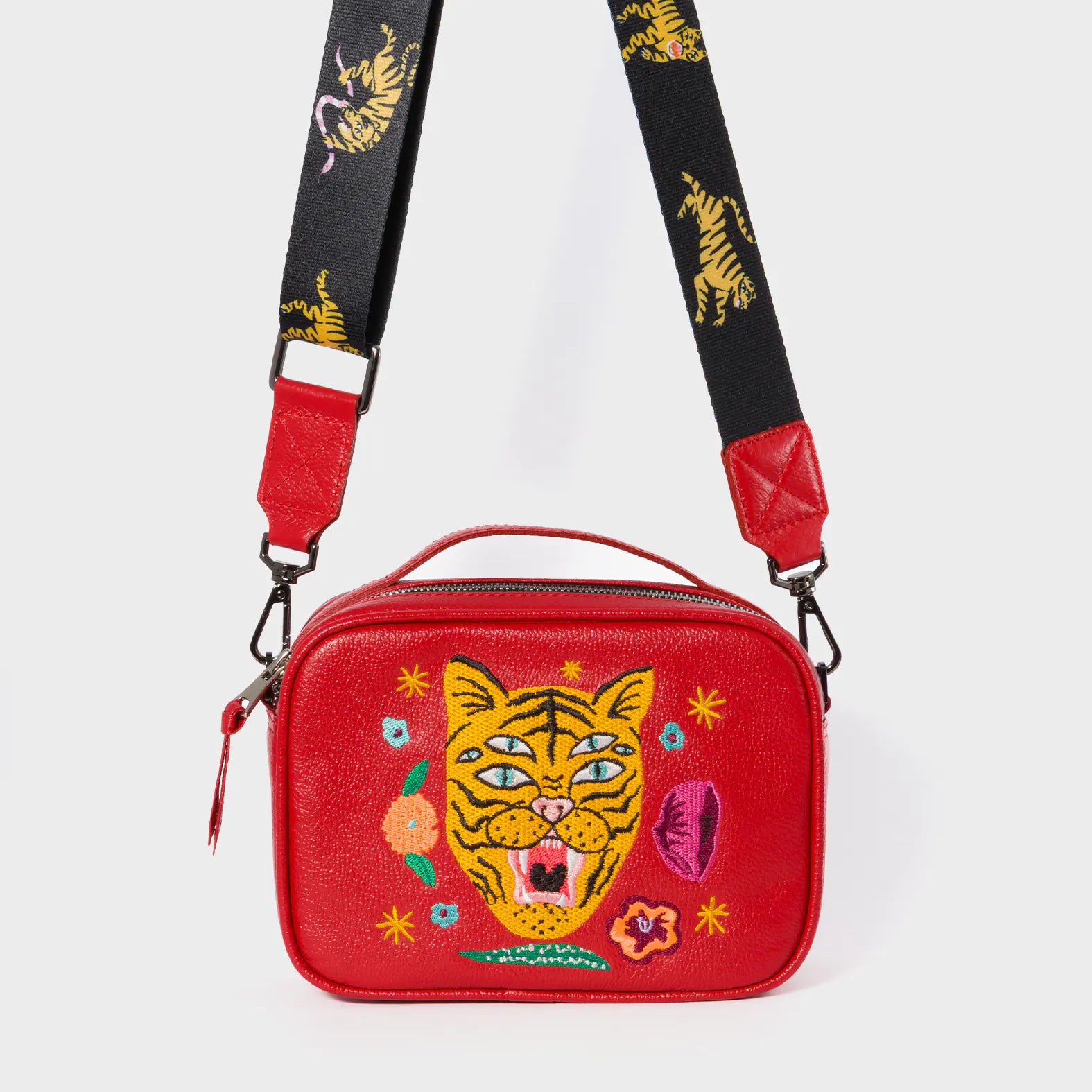 Verto Jester Red Leather Crossbody Bag - Happy Tiger Embroidery - Strap View