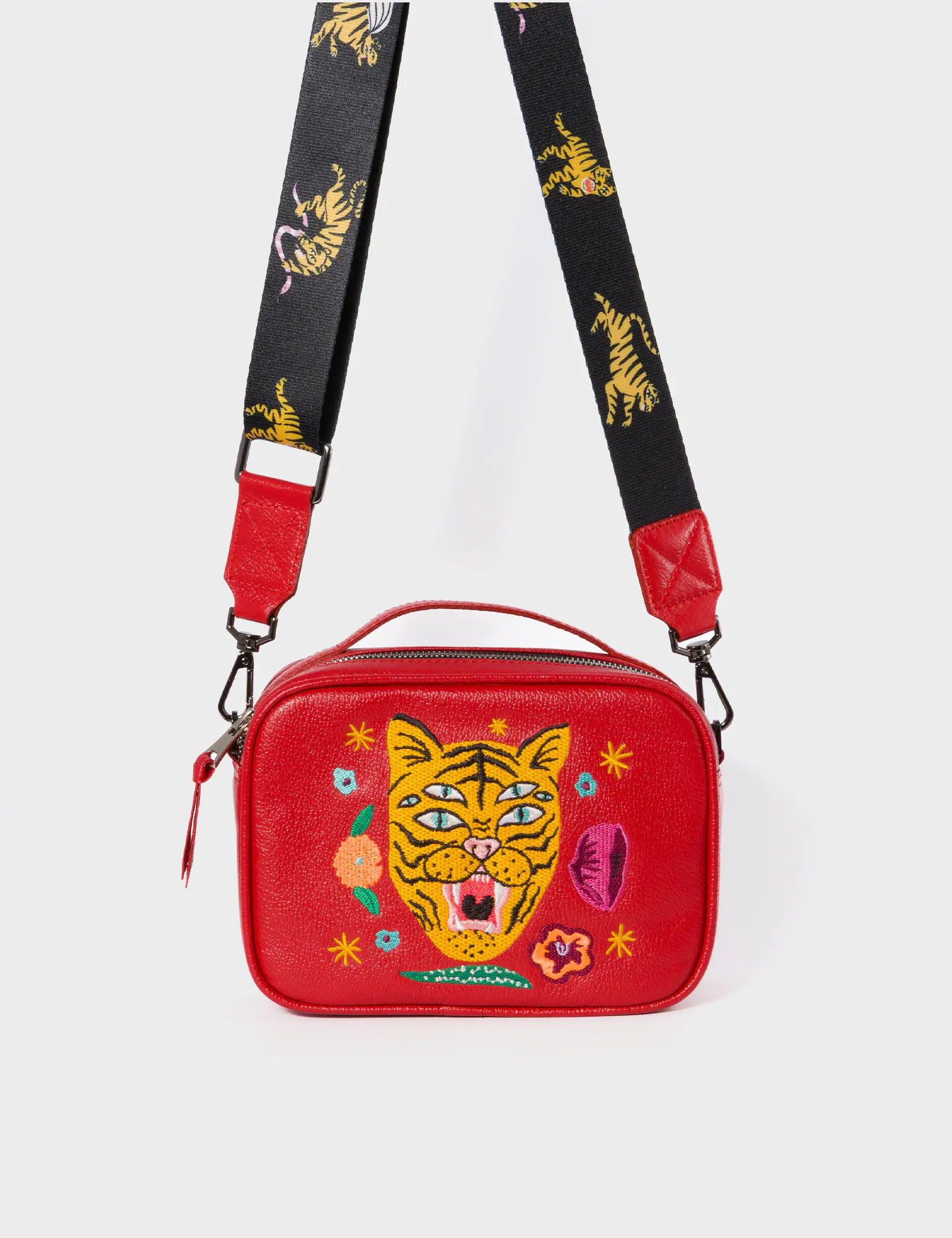 Verto Jester Red Leather Crossbody Bag - Happy Tiger Embroidery - Strap View
