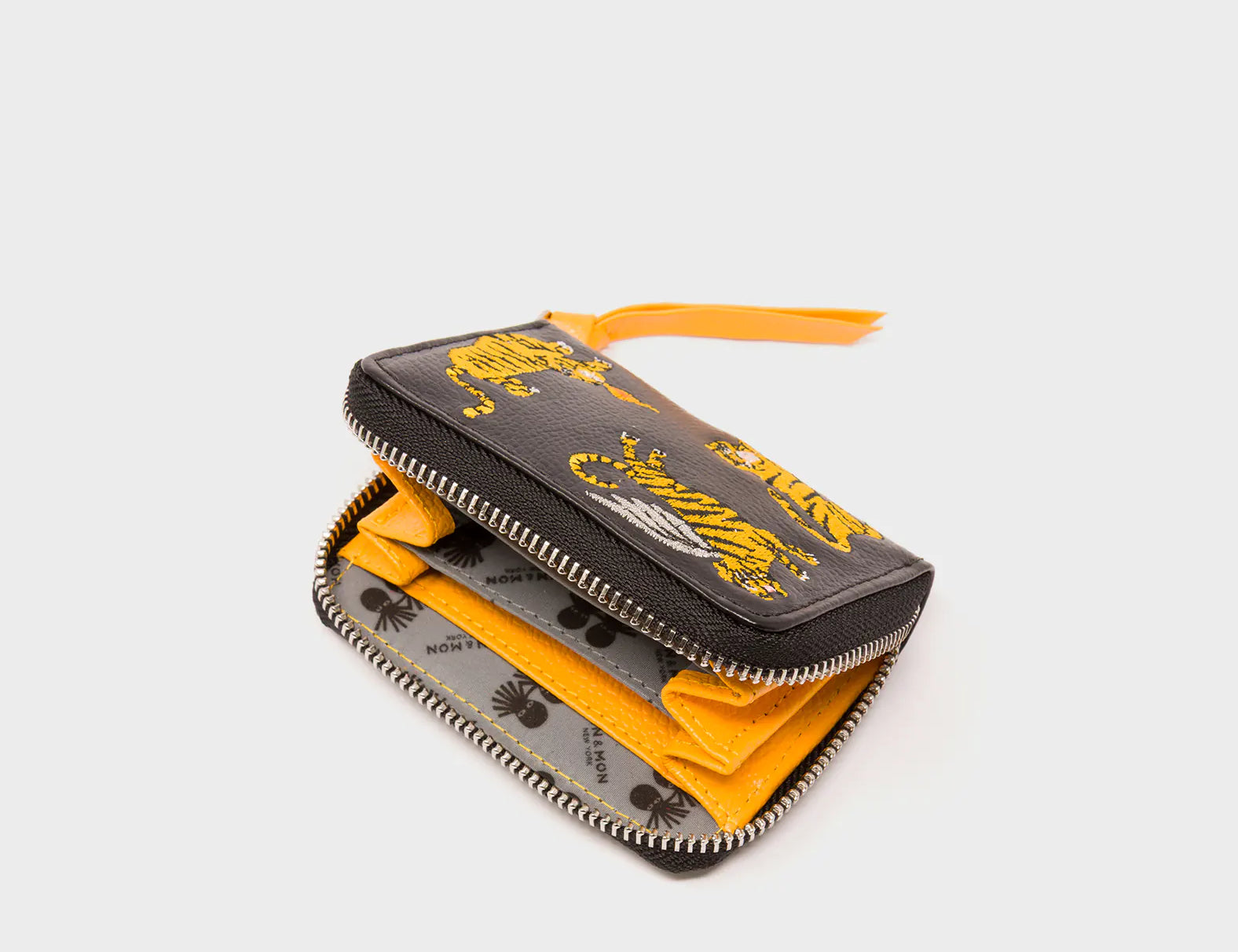 Frodo Black Leather Zip Around Wallet - Tigers Embroidery - Open