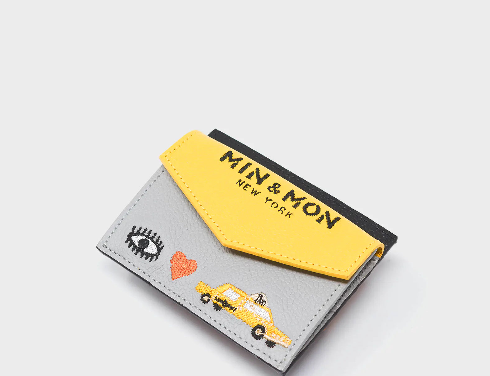 Felix Yellow and Gray Leather Cardholder - Eye Love New York Embroidery - Open View