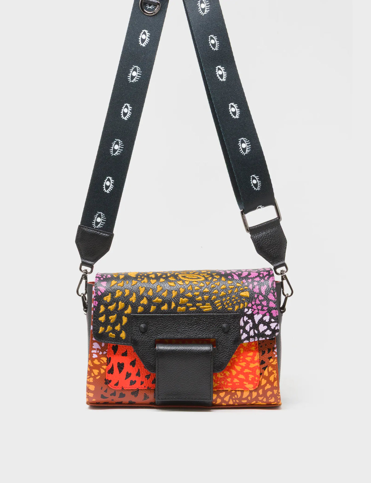 Cael Black Mini Shoulder Bag - Retro Tiger Embroidery - Front with Nylon Strap