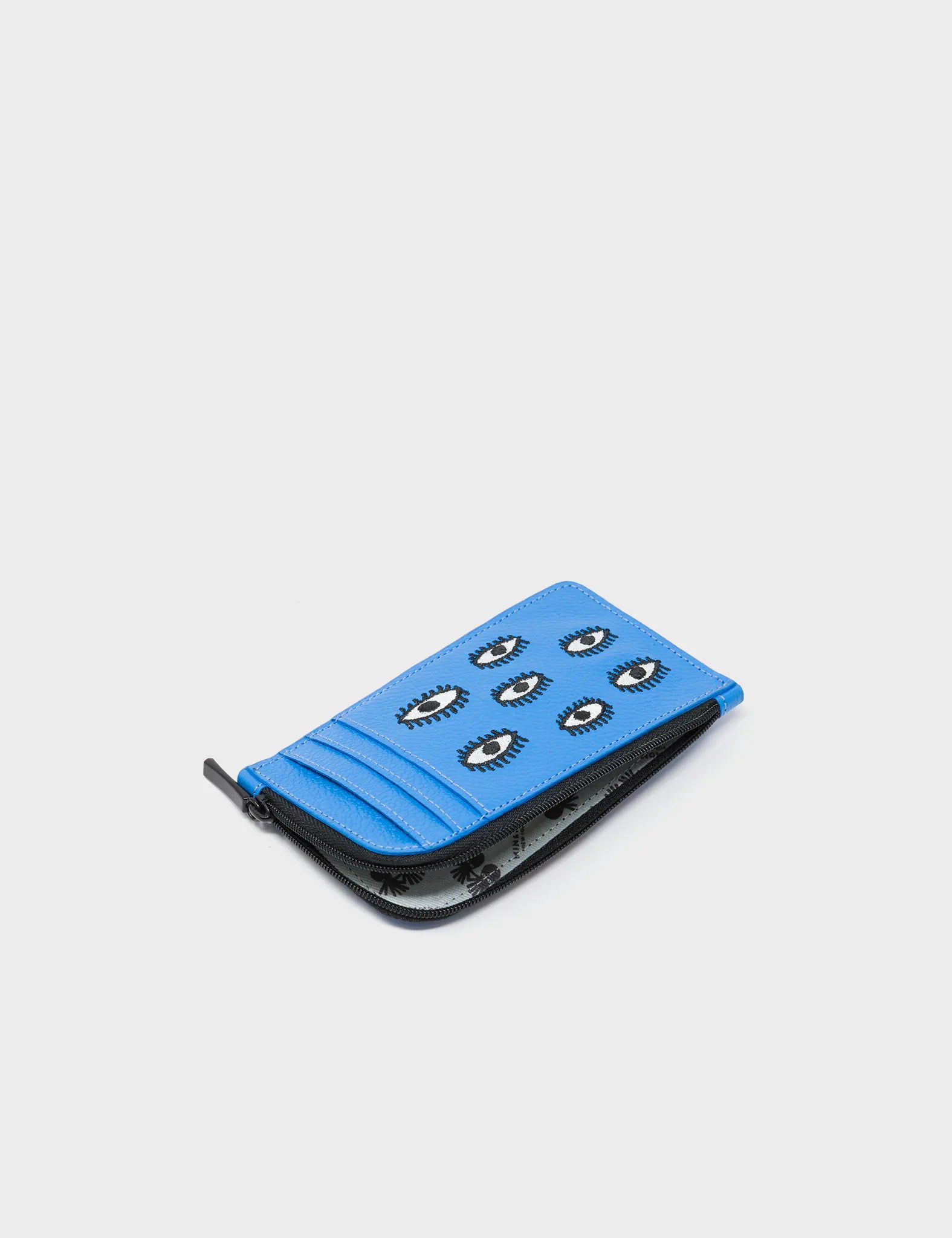 Fausto Ibiza Blue Leather Zip-around Cardholder - All Over Eyes Embroidery - Open