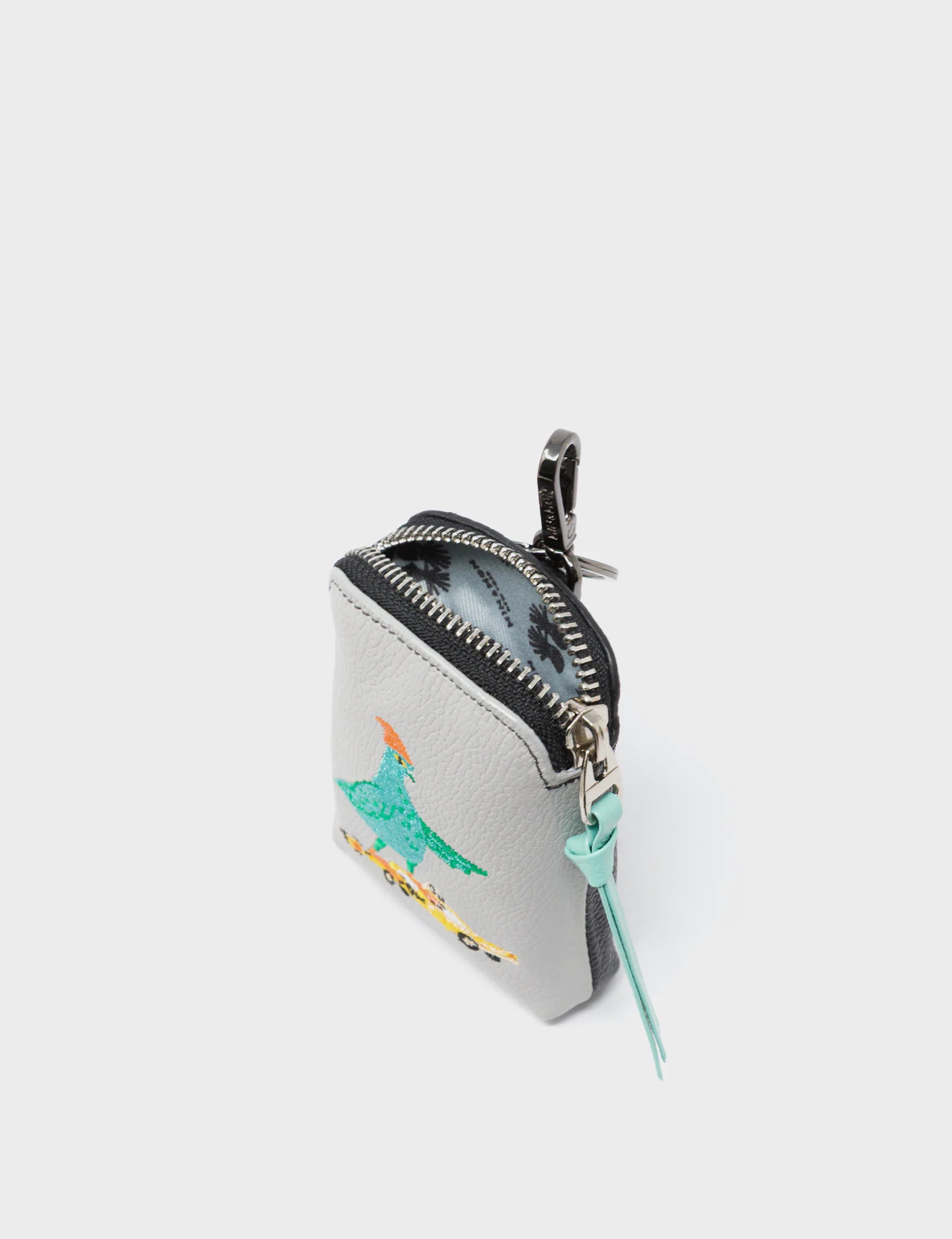 Florence Pouch Charm - Moonwalk Gray Leather Keychain Pigeonista Embroidery - Open