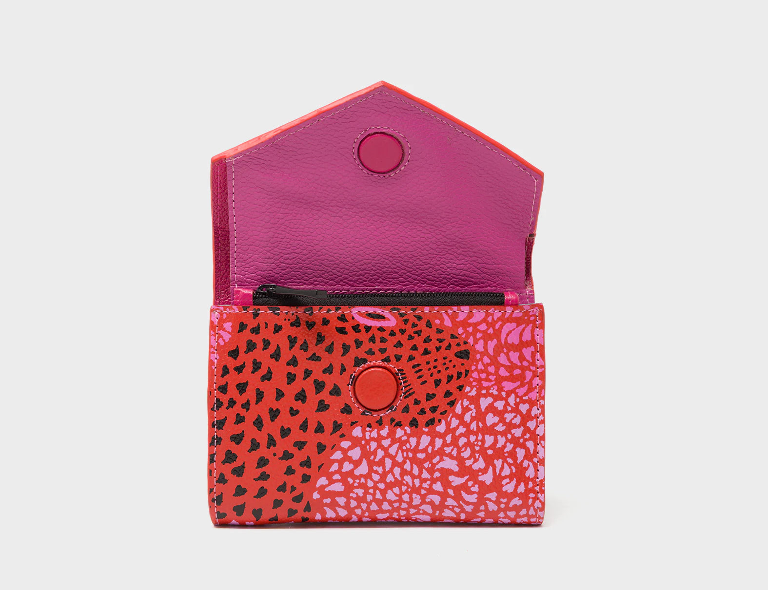 Fiona Poppy Red Leather Wallet - Retro Tiger Embroidery - Open