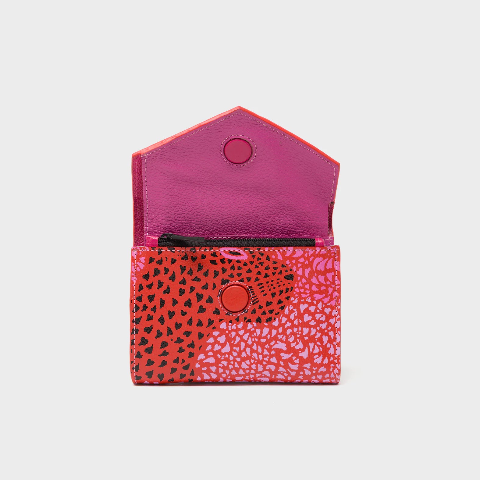 Fiona Poppy Red Leather Wallet - Retro Tiger Embroidery - Open