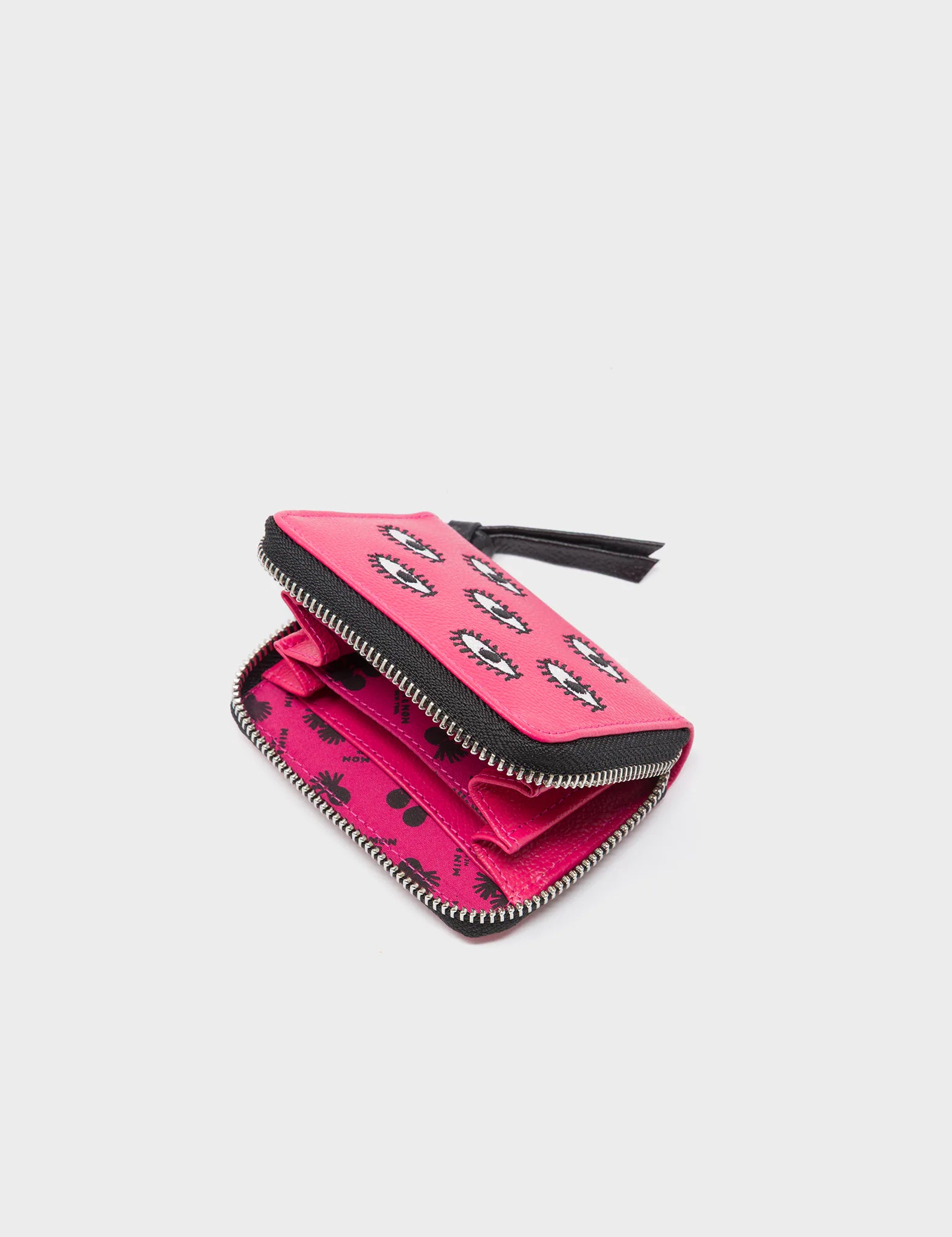 Frodo Peacock Pink Leather Zip Around Wallet - All Over Eyes Embroidery - side