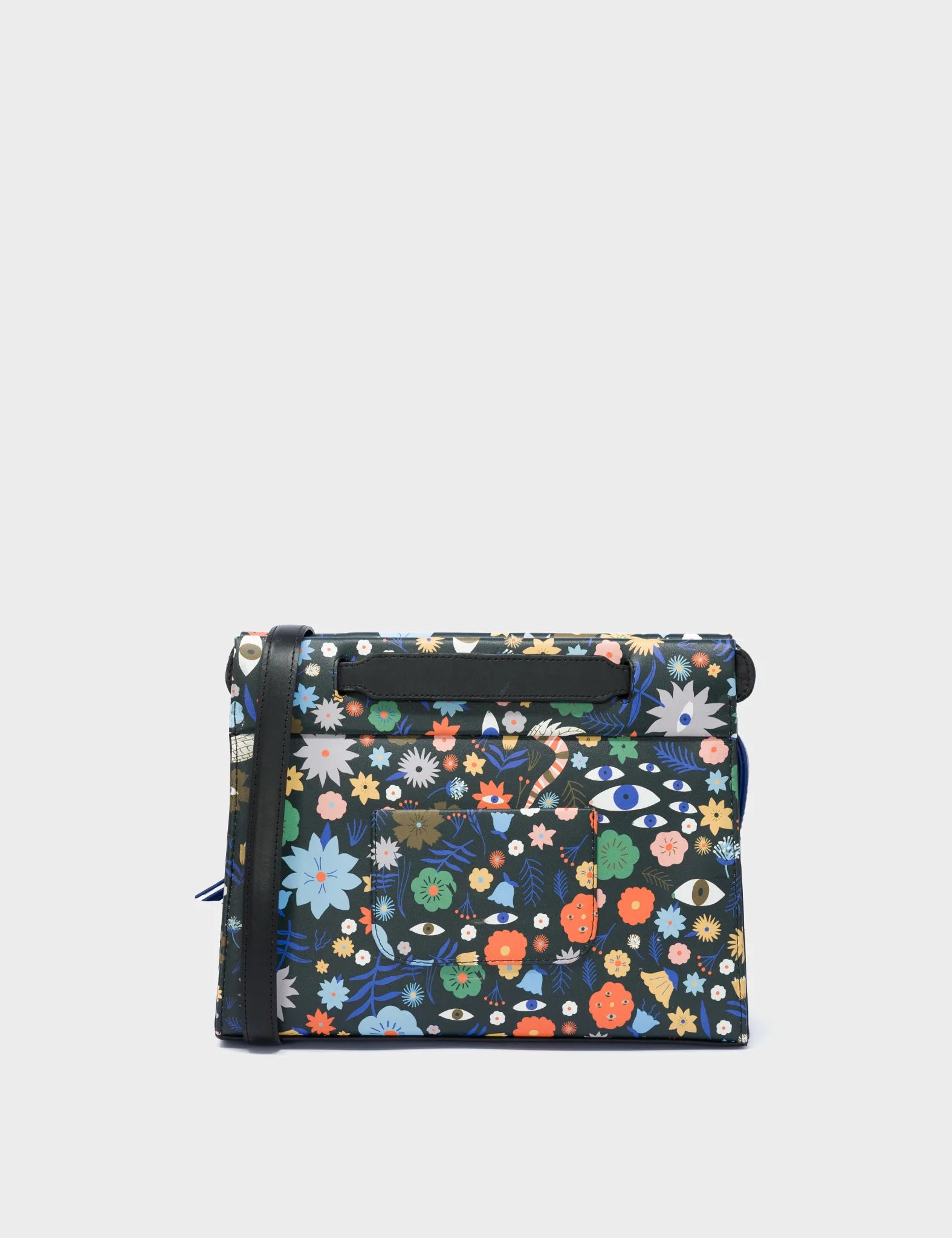 Crossbody Small Black Leather Bag - Floral Pattern Print - Back 