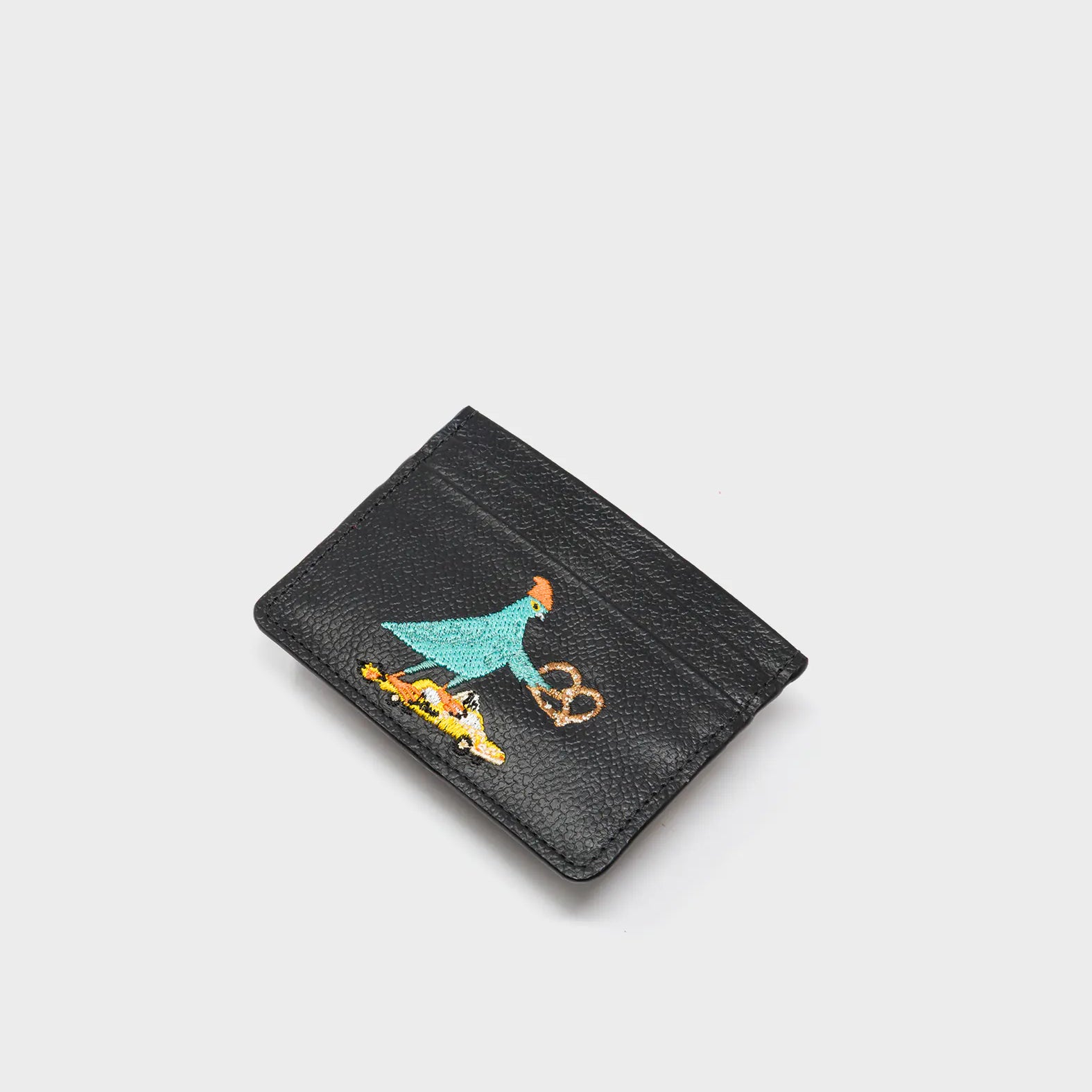 Filium Black Leather Cardholder - Pigeonista Embroidery - Side