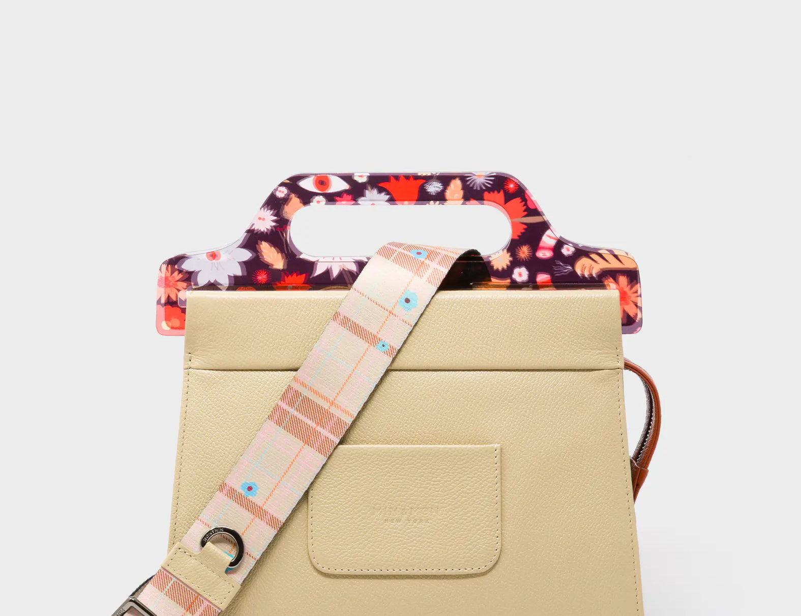 Vali Taupe Leather Crossbody Handbag Plastic Handle - Creatures of the Future Print - Back