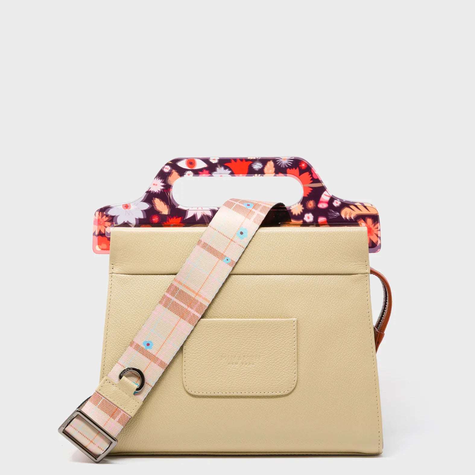 Vali Taupe Leather Crossbody Handbag Plastic Handle - Creatures of the Future Print - Back