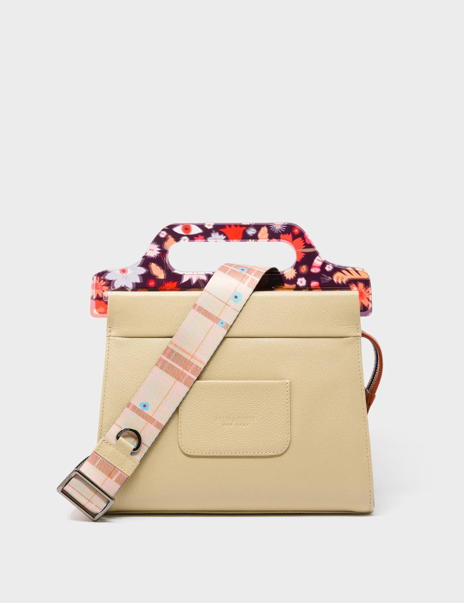 Vali Taupe Leather Crossbody Handbag Plastic Handle - Creatures of the Future Print - Back