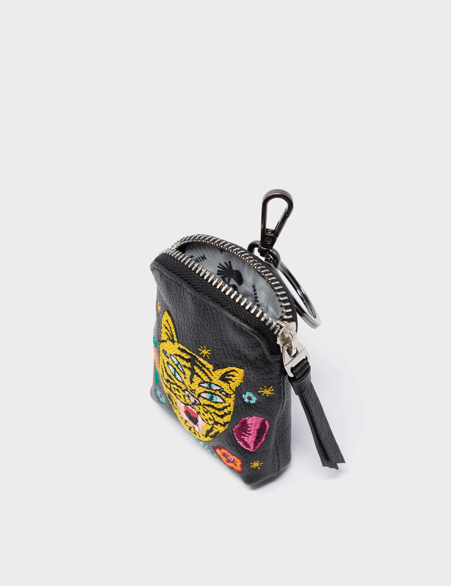 Florence Pouch Charm - Black Leather Keychain Tiger and Flowers Embroidery - Detail View