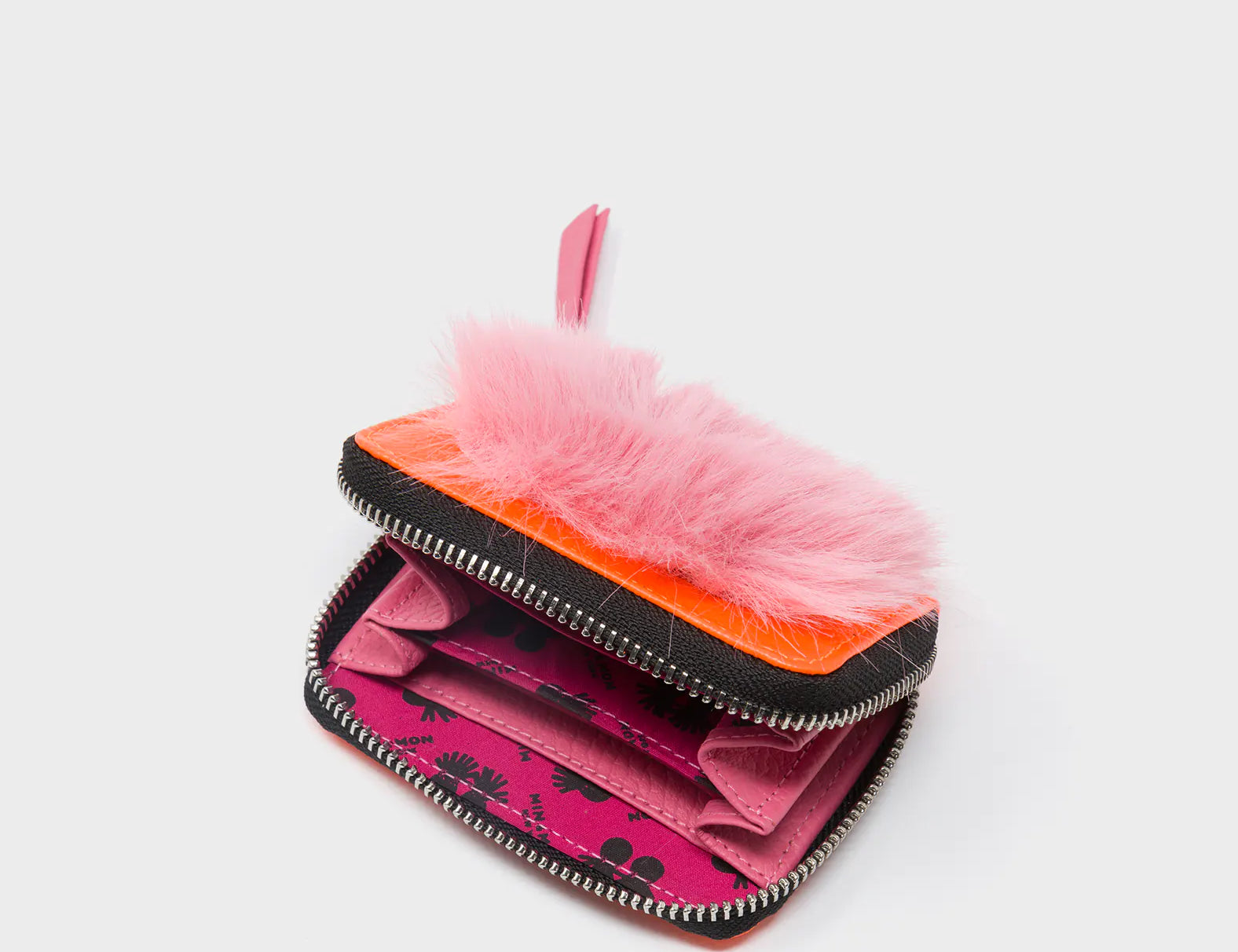 Frodo Neon Orange Leather Zip Around Wallet - Fuzzy Monster Applique - Open View