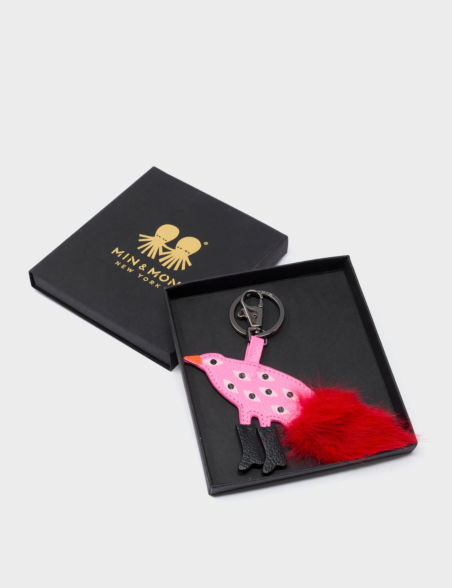 Bird In Boots Charm - Bubblegum Pink Leather Keychain - Packaging View