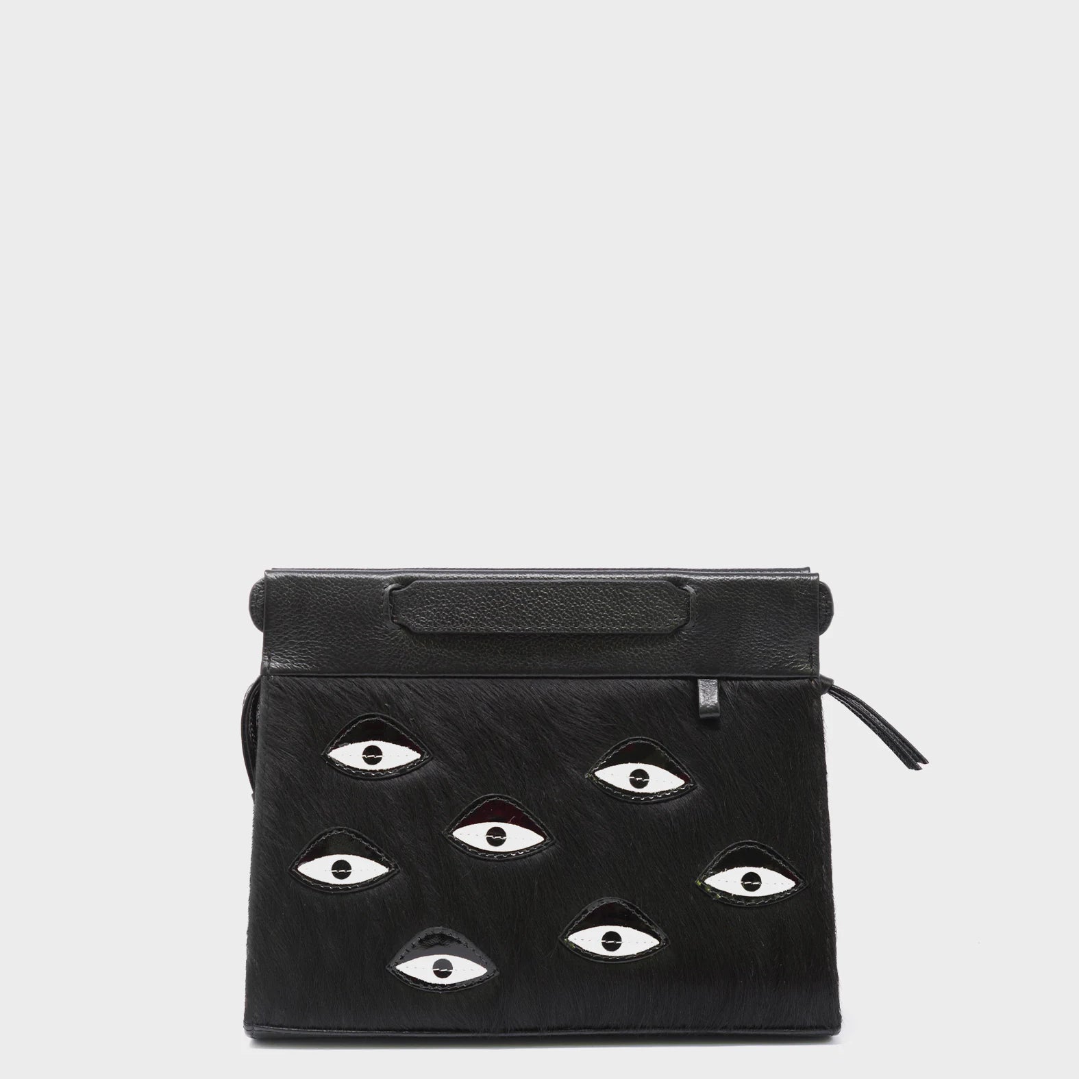 Vali Crossbody Small Black Leather Bag - Eyes Applique Adjustable Handle - Front