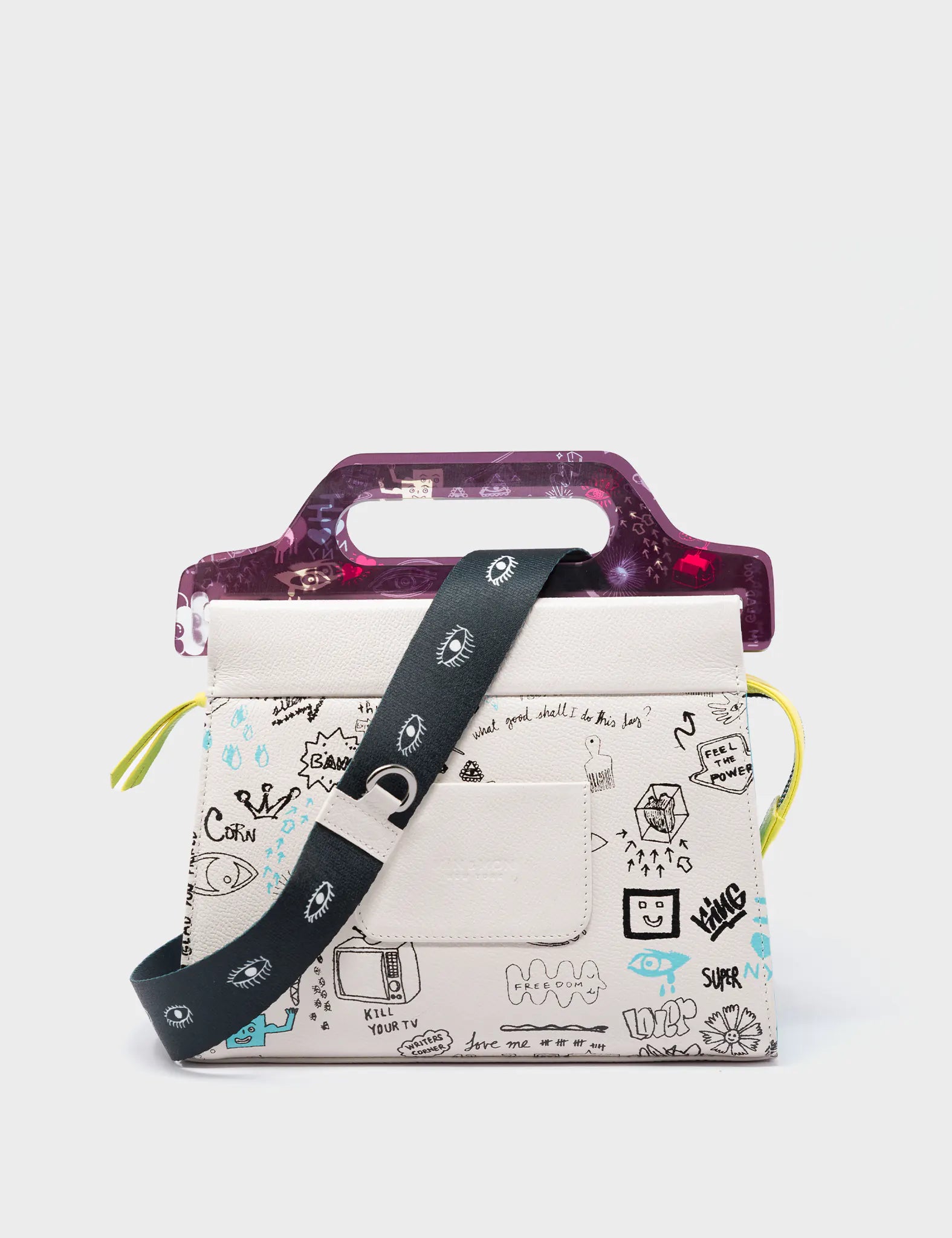 Vali Cream Leather Crossbody Handbag Plastic Handle - Urban Doodles Print - Back View
