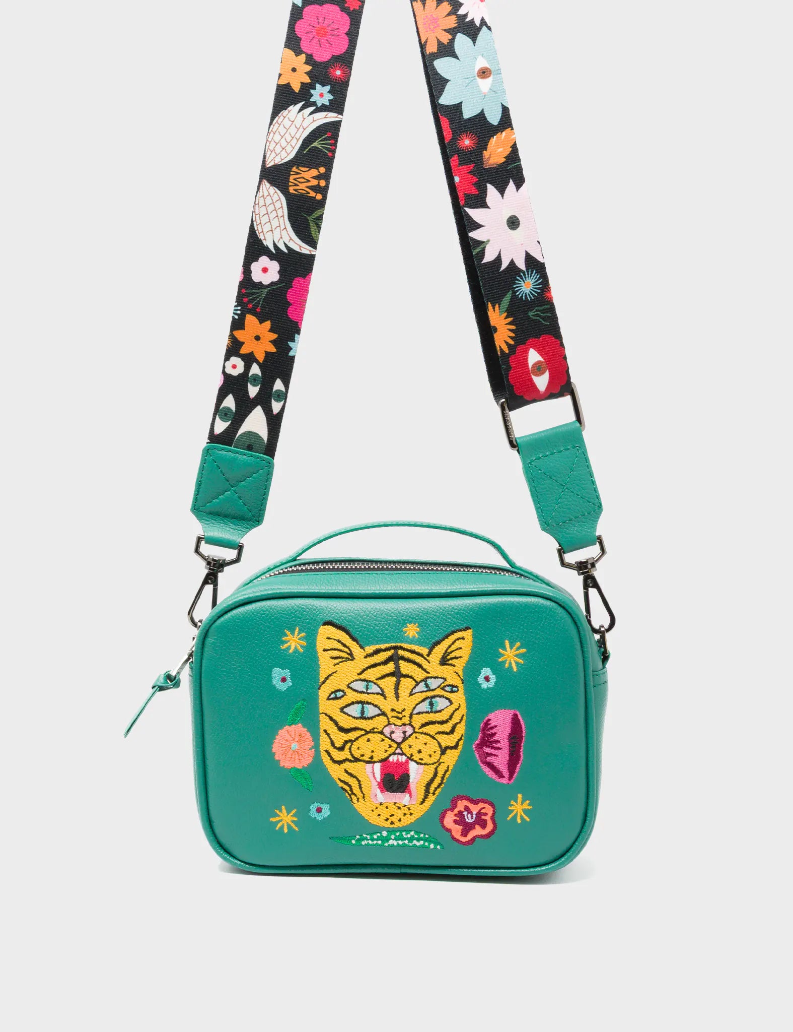 Verto Deep Green Leather Crossbody Bag - Happy Tiger Embroidery - Strap View