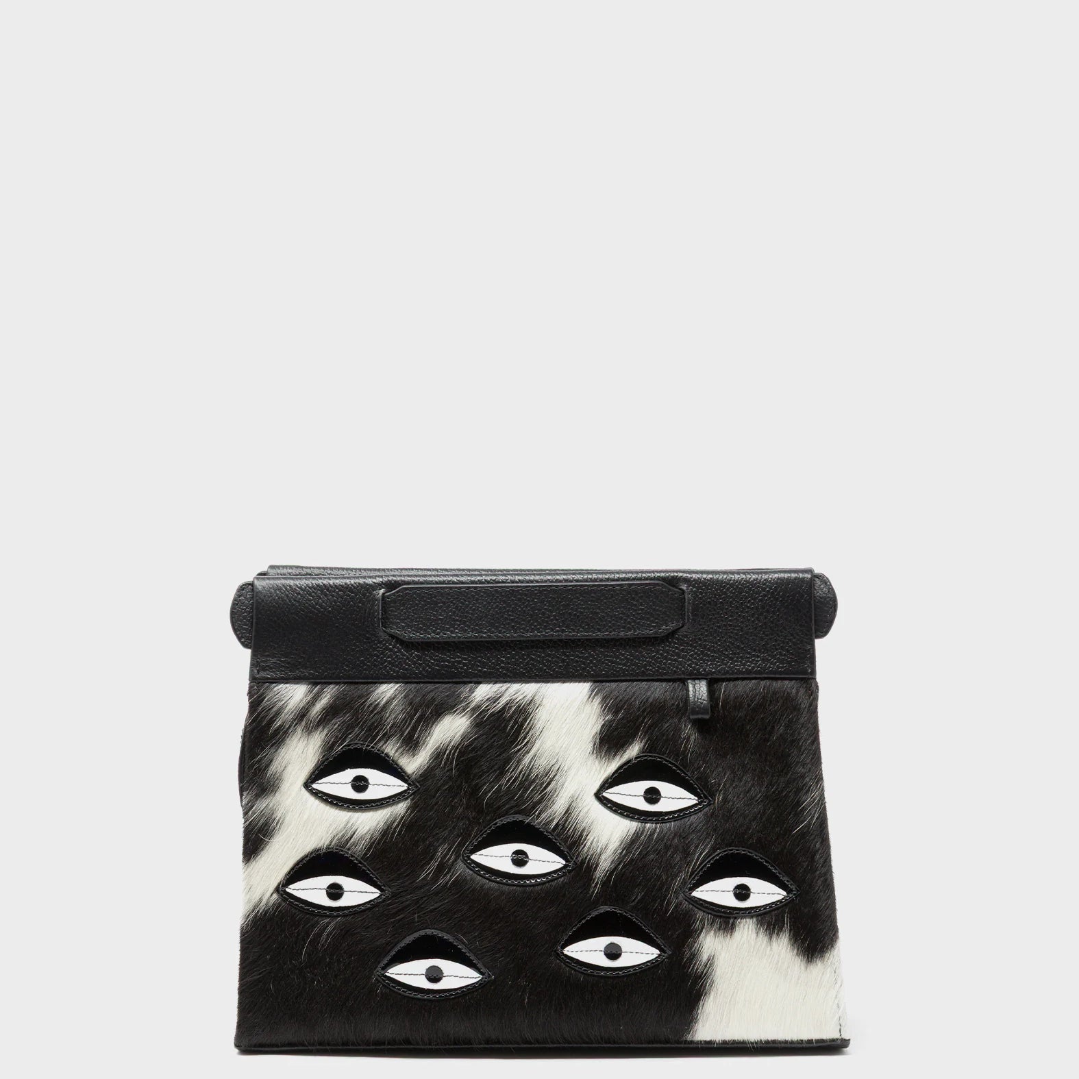 Vali Crossbody Small Black Leather Bag - Eyes Applique Adjustable Handle - Spotted Fur Front