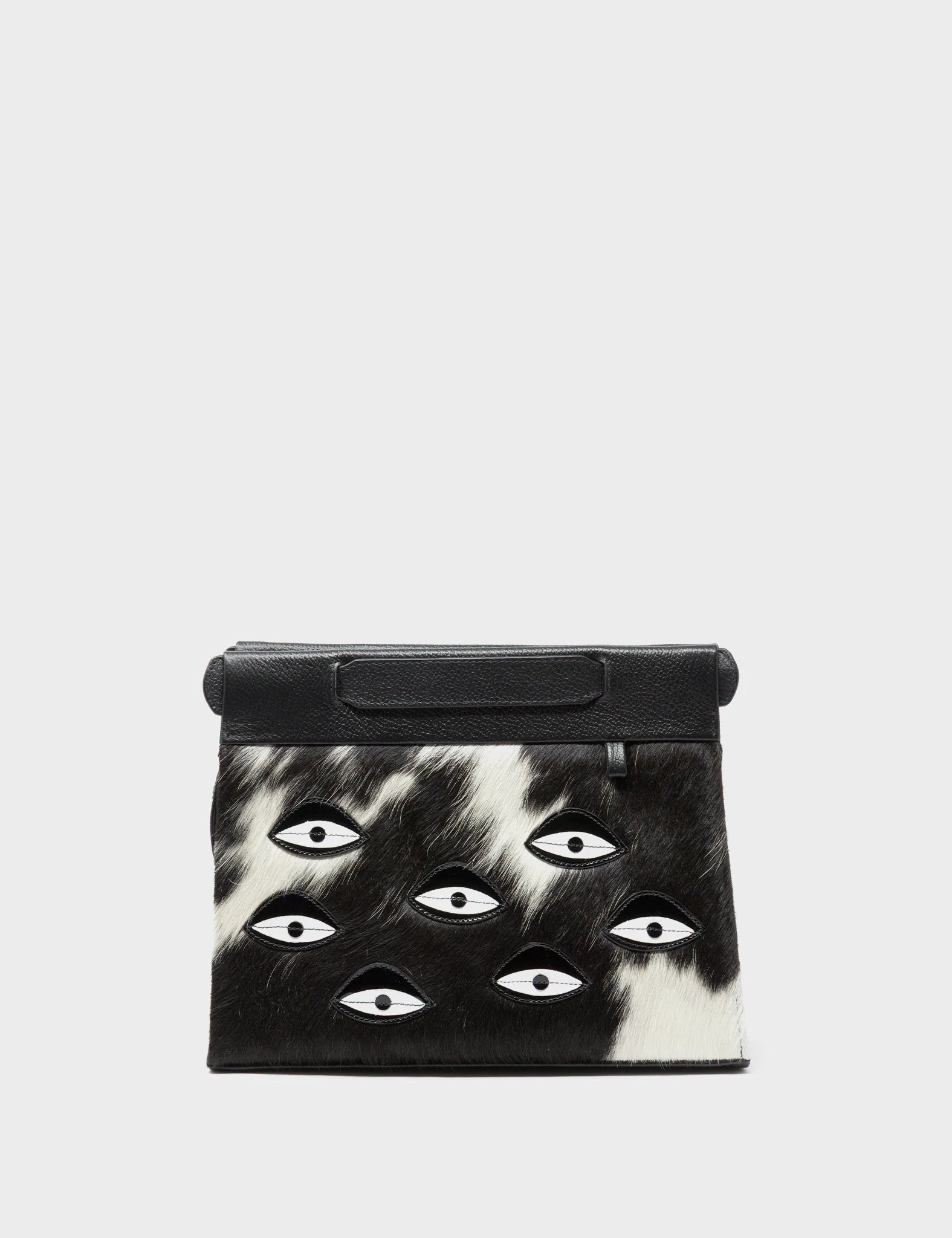 Vali Crossbody Small Black Leather Bag - Eyes Applique Adjustable Handle - Spotted Fur Front