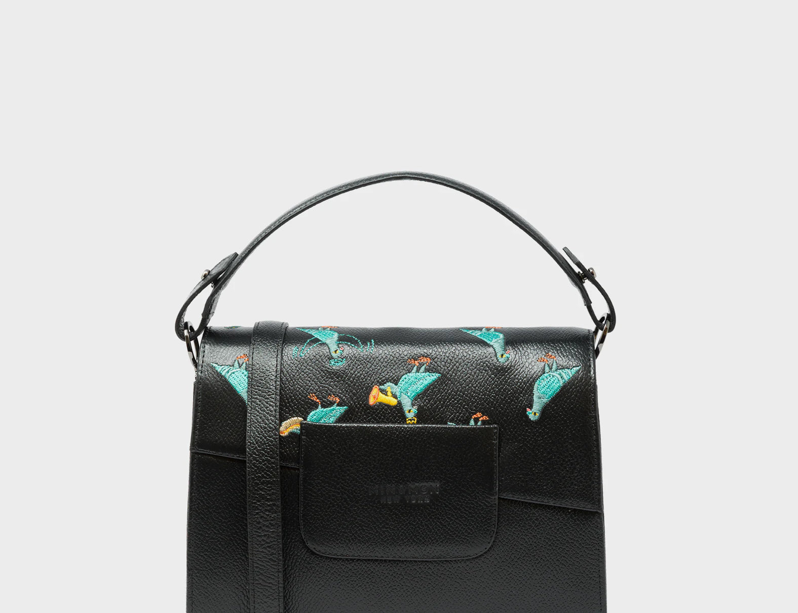 Anastasio Mini Crossbody Handbag Black Leather - Pigeonzilla Embroidery - Back View